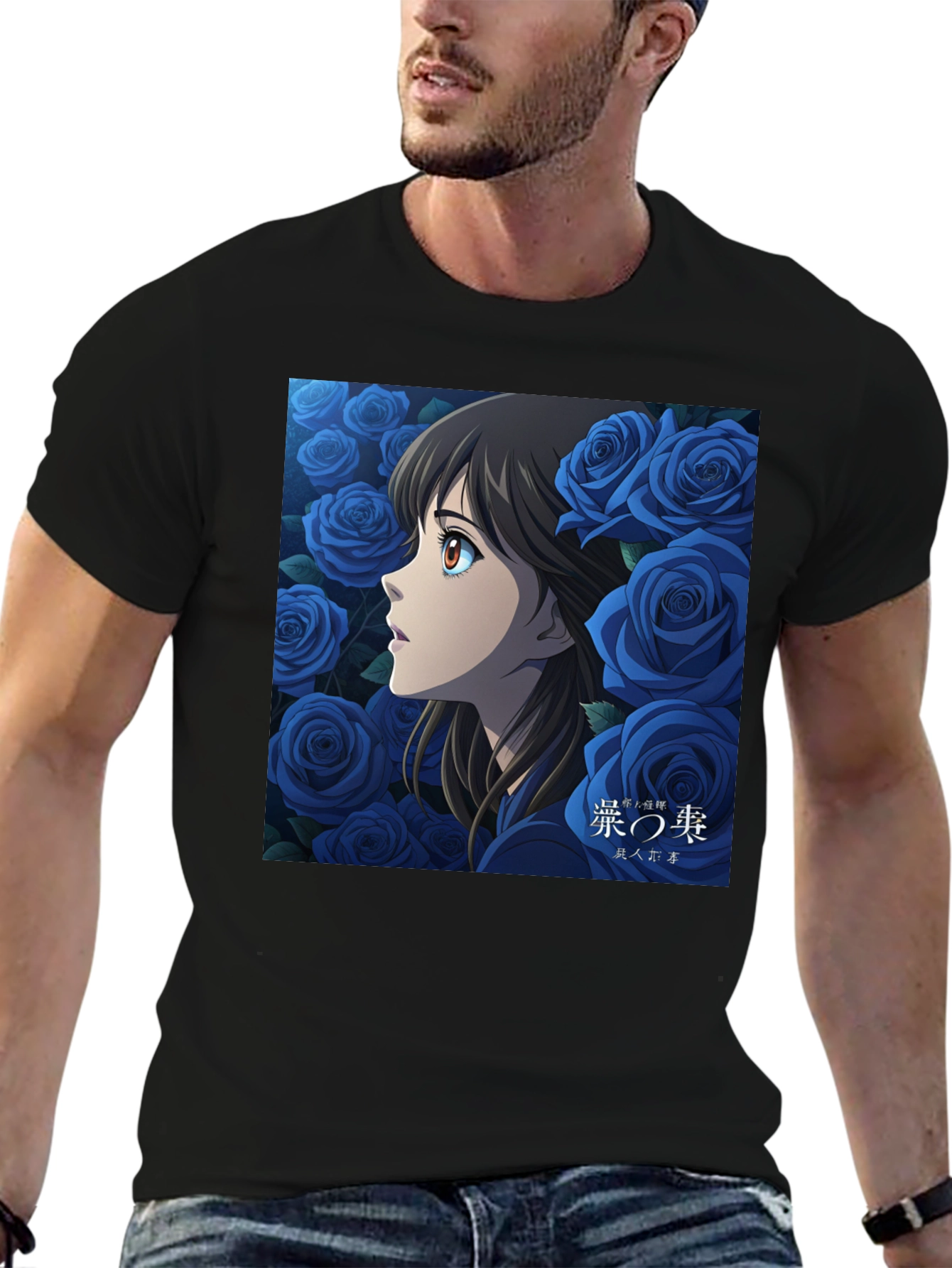 Anime Girl and Roses Graphic Black T-Shirt