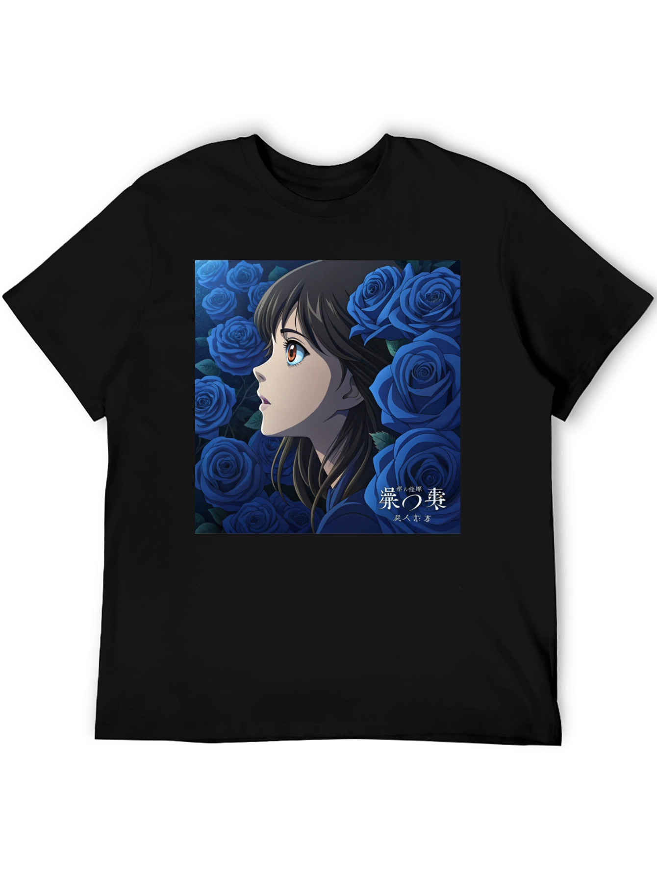 Anime Girl and Roses Graphic Black T-Shirt