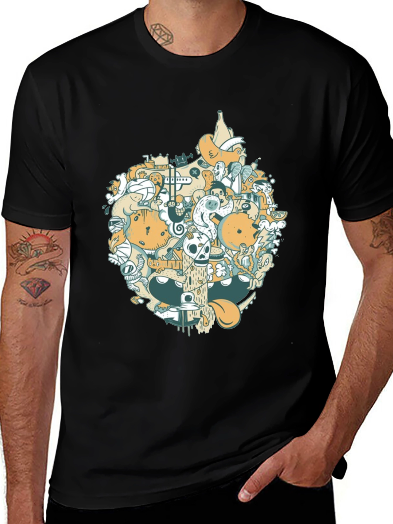 Abstract Doodle Graphic Tee - Casual Black T-Shirt