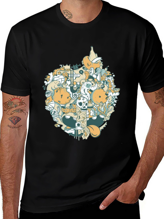 Abstract Doodle Graphic Tee - Casual Black T-Shirt