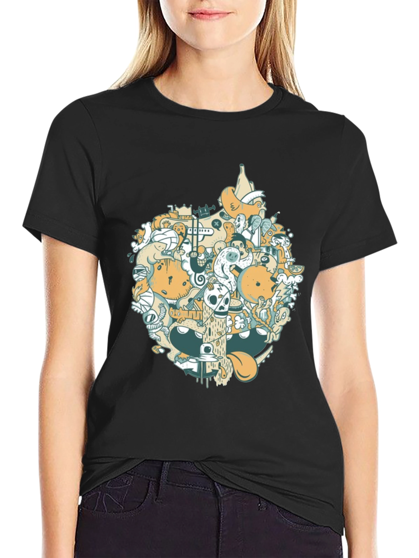 Abstract Doodle Graphic Tee - Casual Black T-Shirt