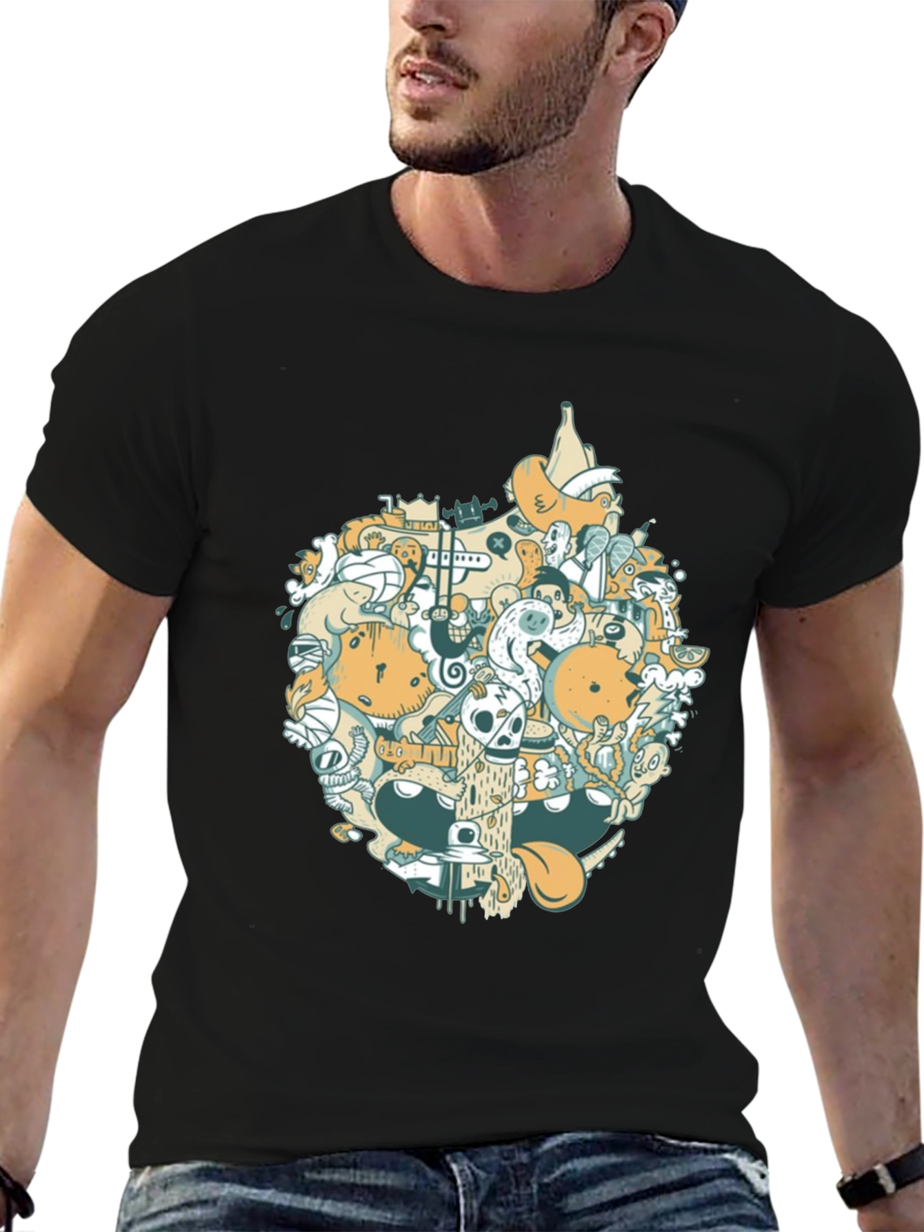 Abstract Doodle Graphic Tee - Casual Black T-Shirt