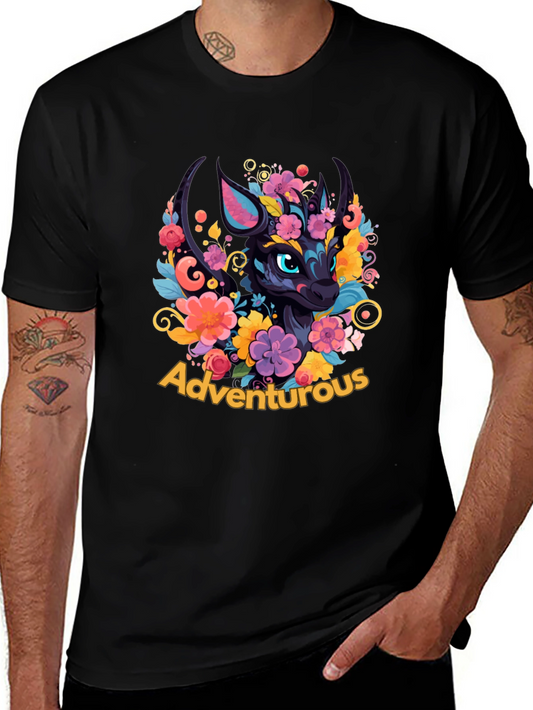 Adventurous Dragon Floral Graphic Tee - Mens Black T-Shirt