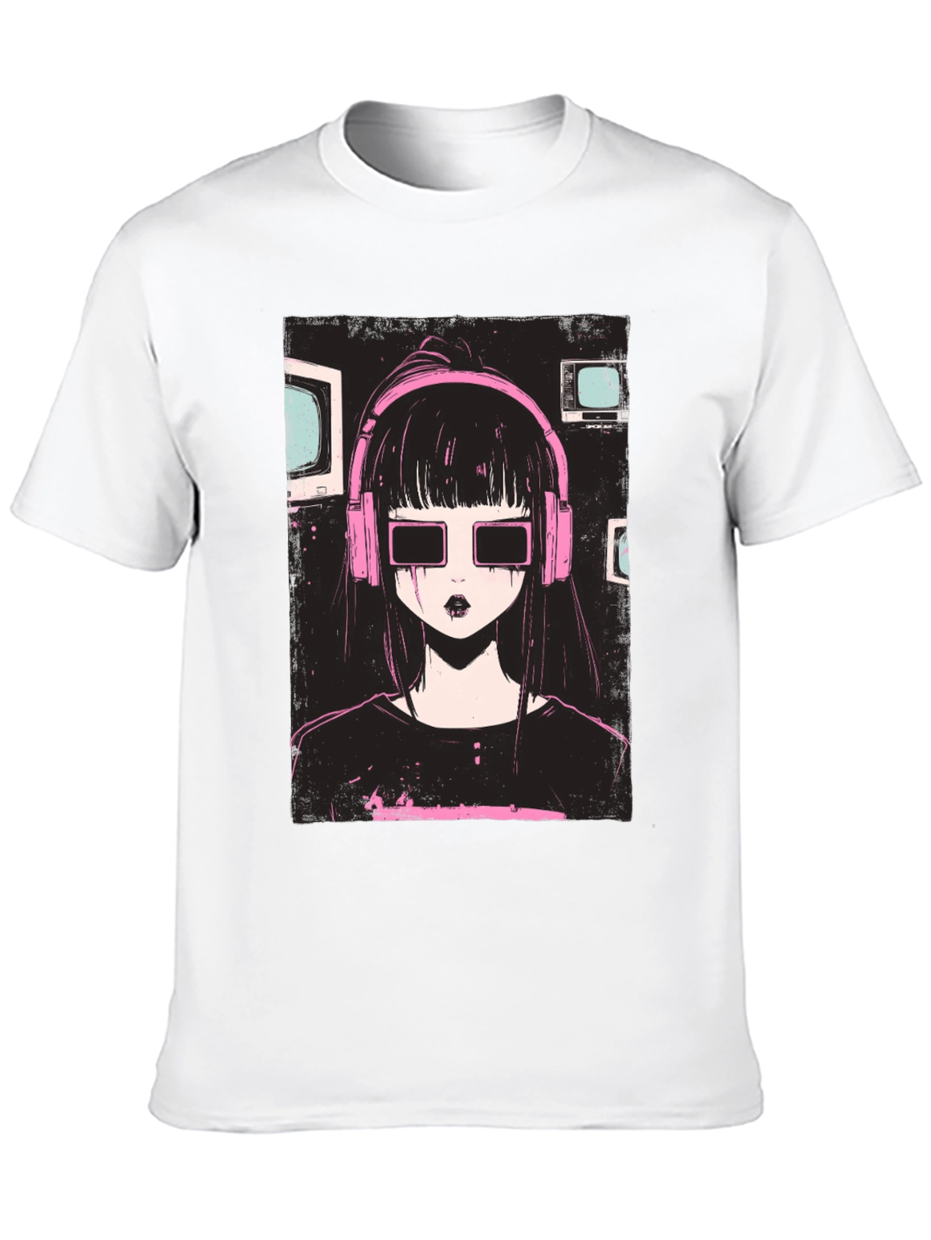 Anime Girl with Headphones Graphic Tee - Black