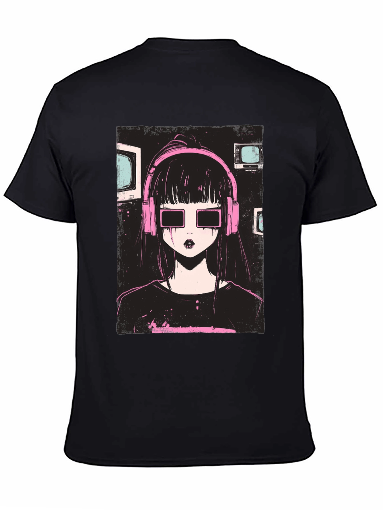 Anime Girl with Headphones Graphic Tee - Black