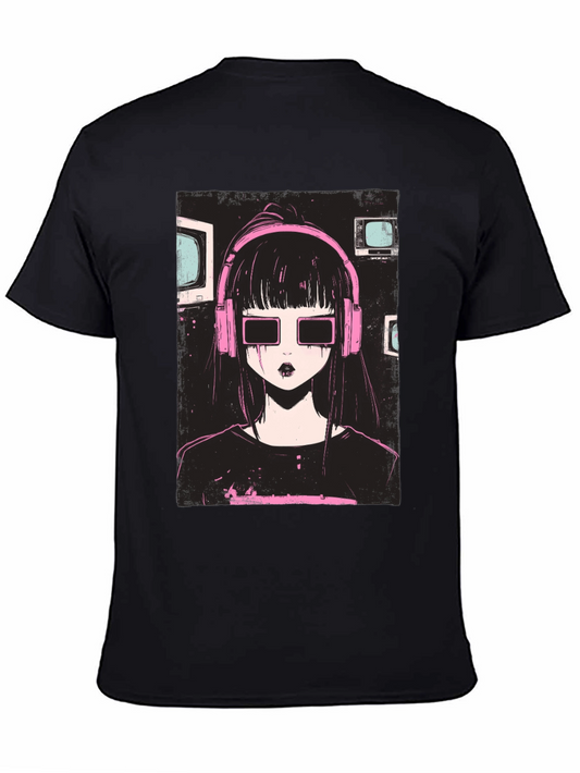 Anime Girl with Headphones Graphic Tee - Black