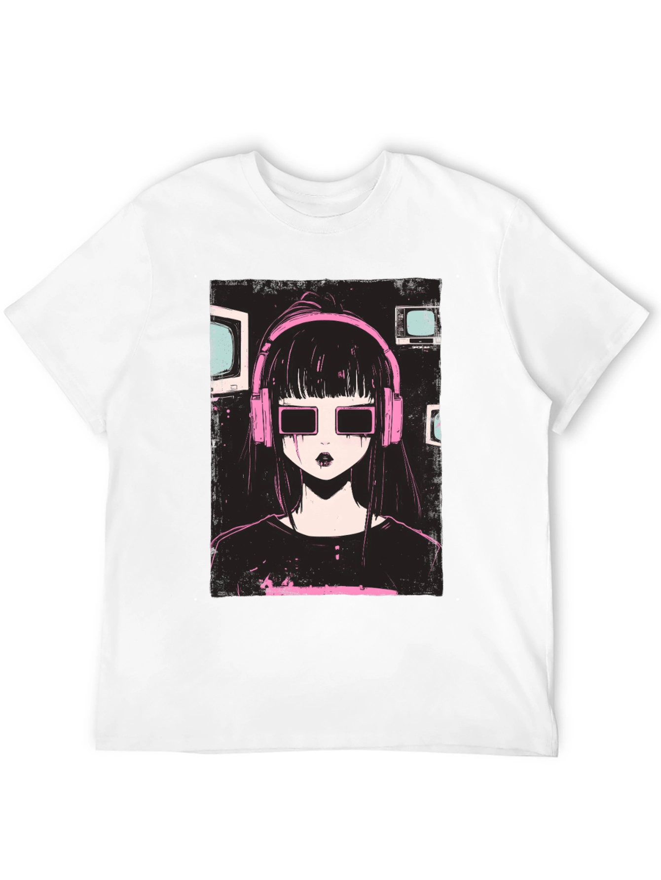 Anime Girl with Headphones Graphic Tee - Black