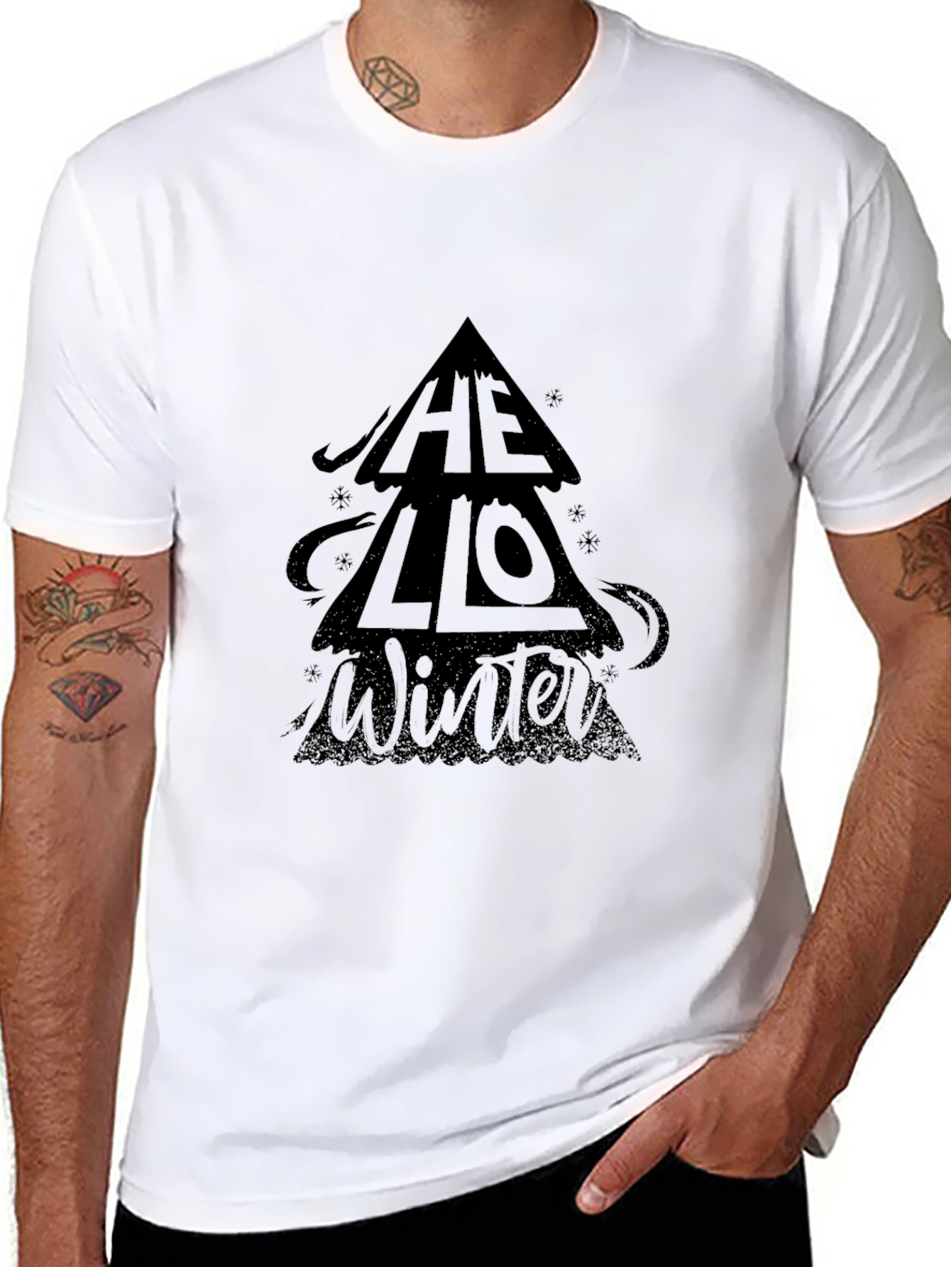 Hello Winter Tree Graphic Black T-Shirt