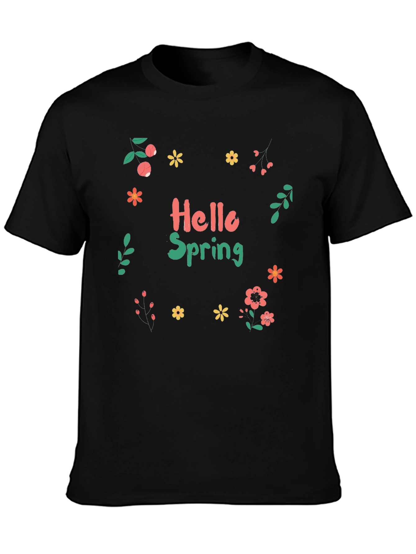 Hello Spring Black T-Shirt with Floral Design