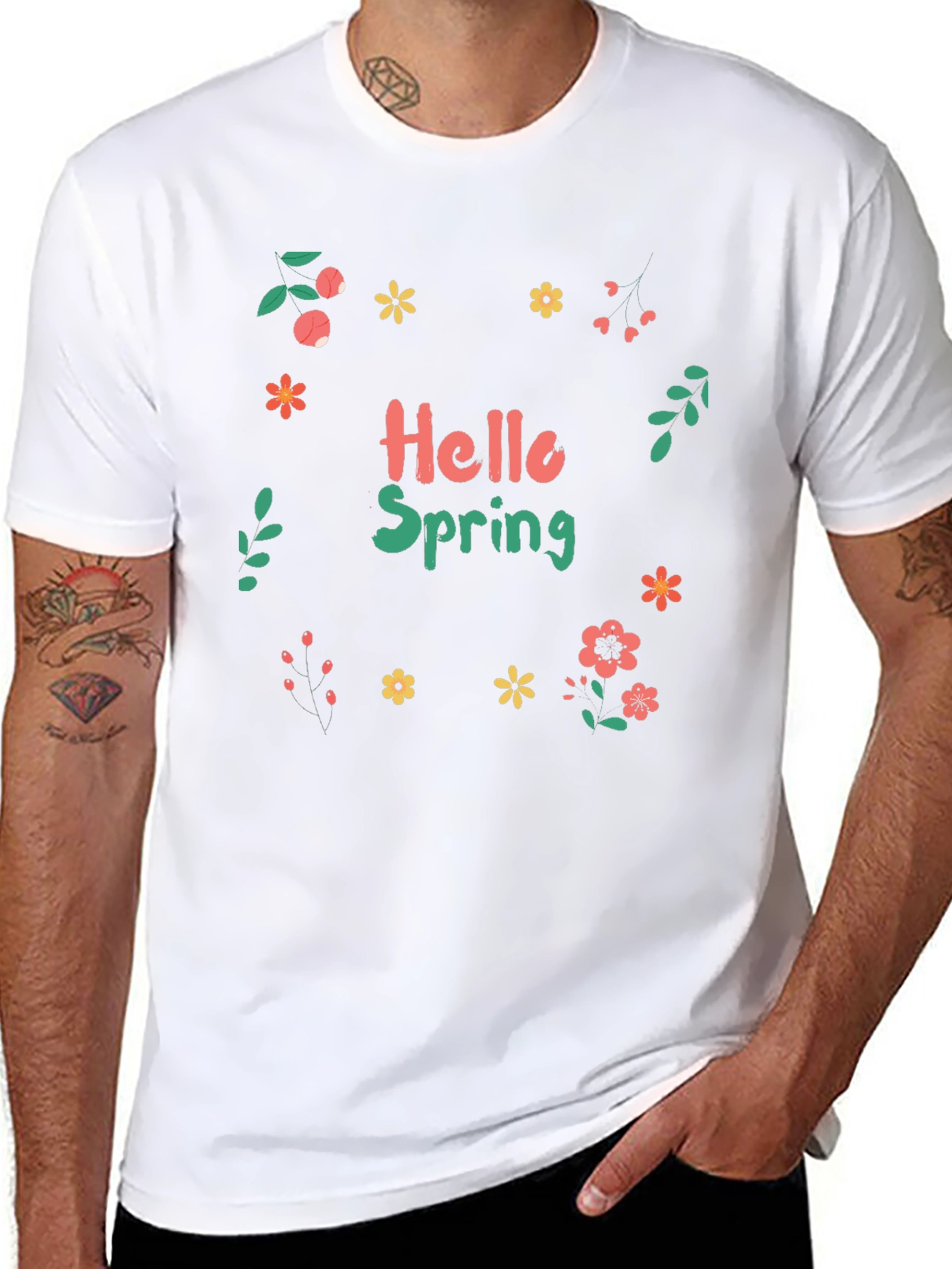 Hello Spring Black T-Shirt with Floral Design