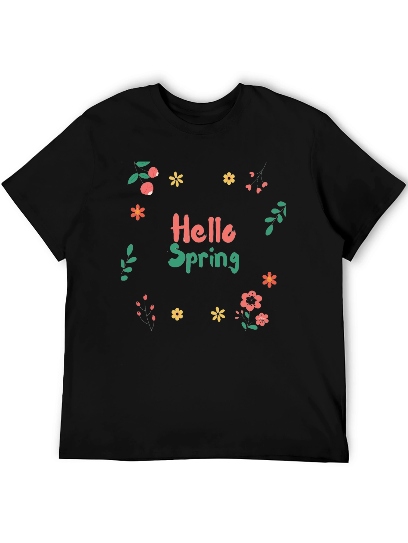 Hello Spring Black T-Shirt with Floral Design
