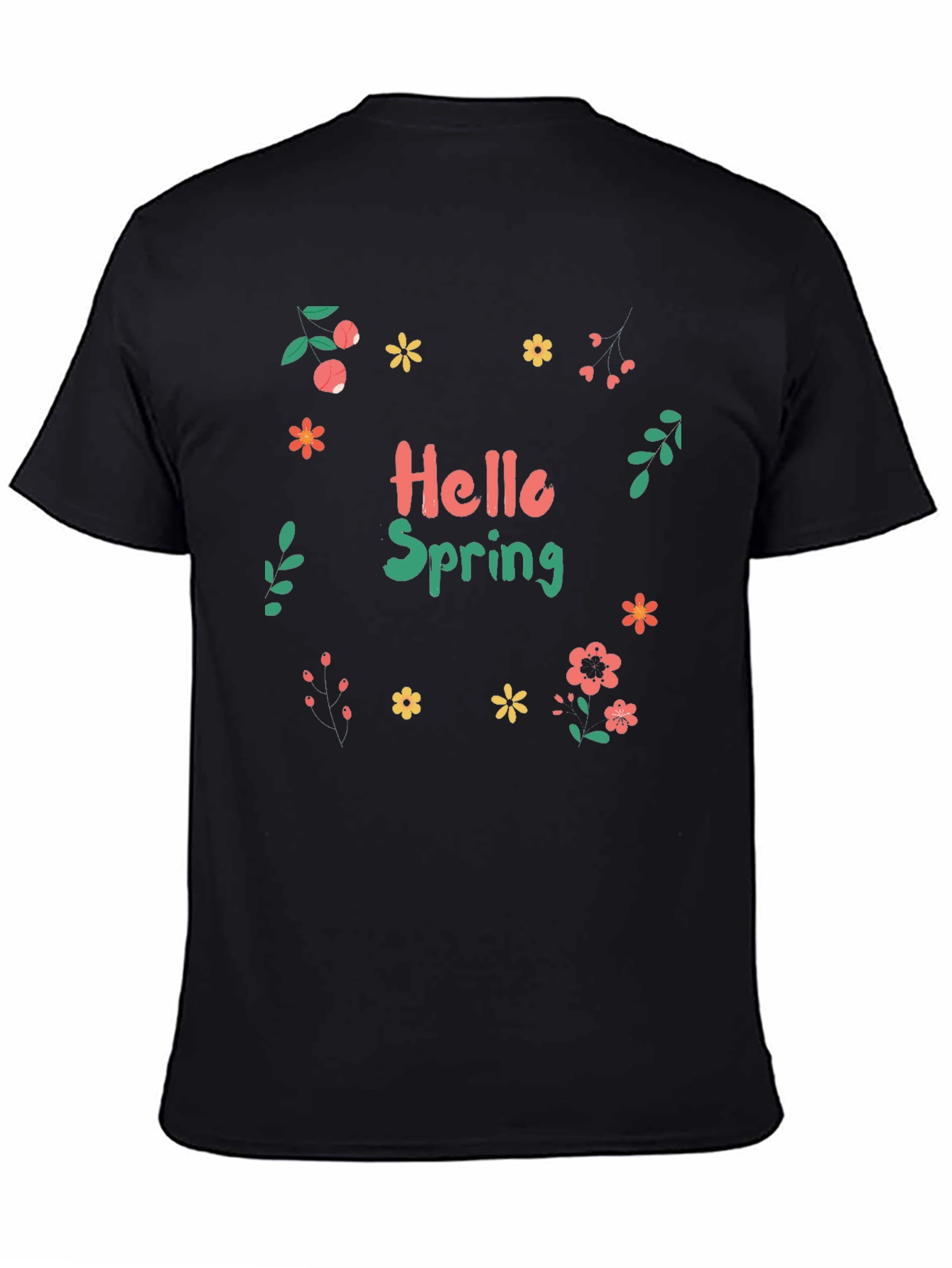 Hello Spring Black T-Shirt with Floral Design