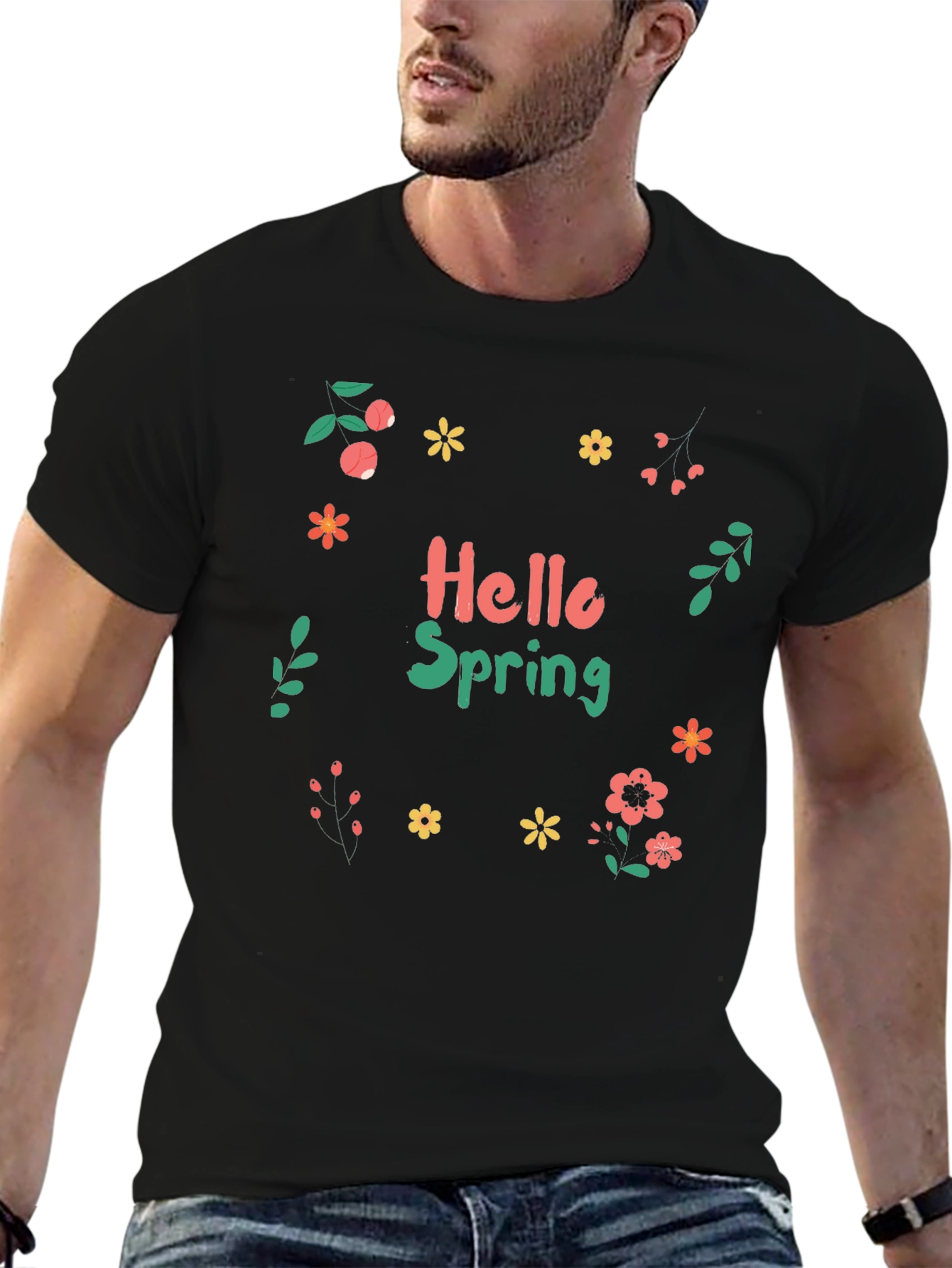 Hello Spring Black T-Shirt with Floral Design
