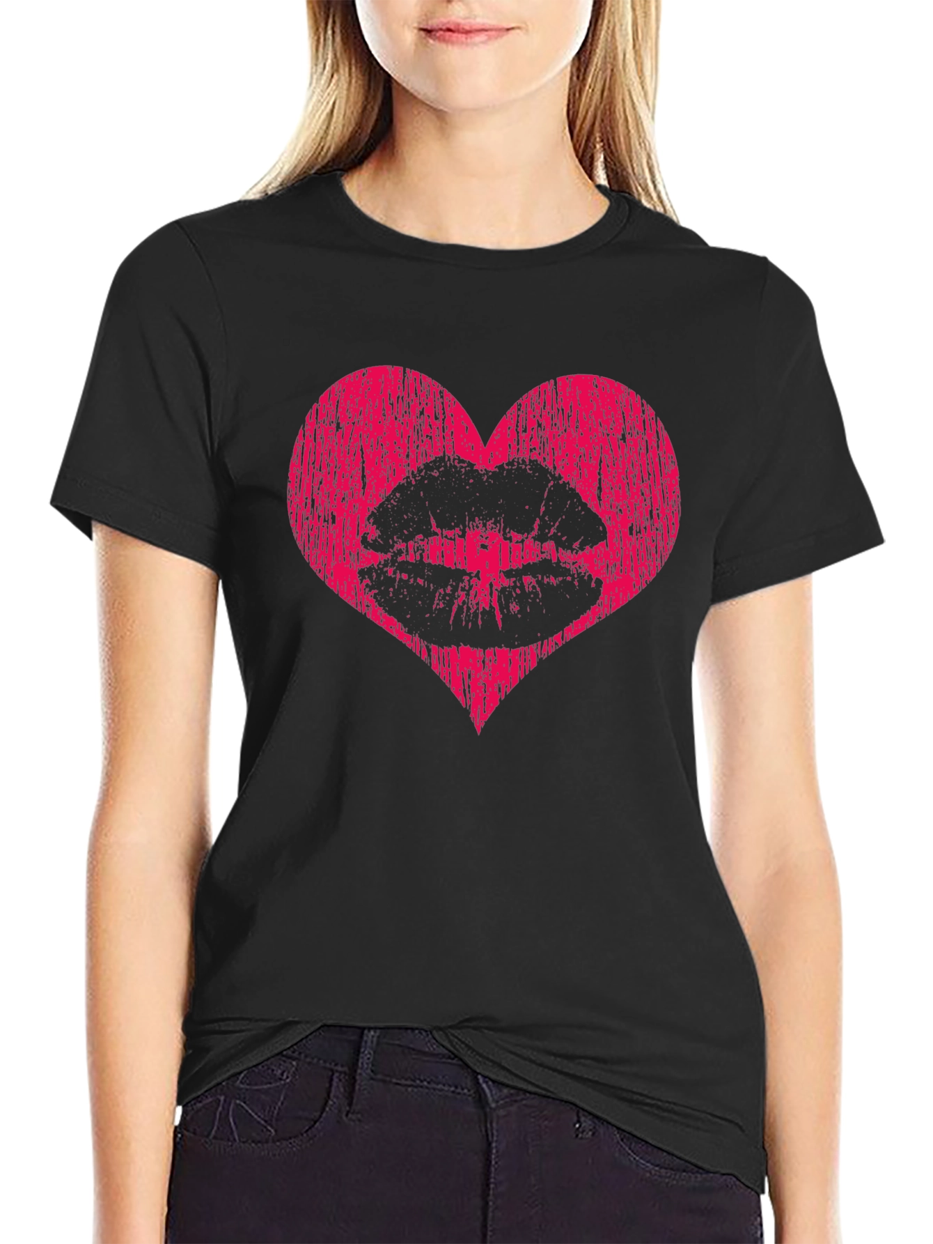 Heart Lips Graphic Tee - Stylish Black T-Shirt