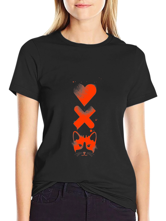 Heart Xs & Cat Face Graphic Tee - Black