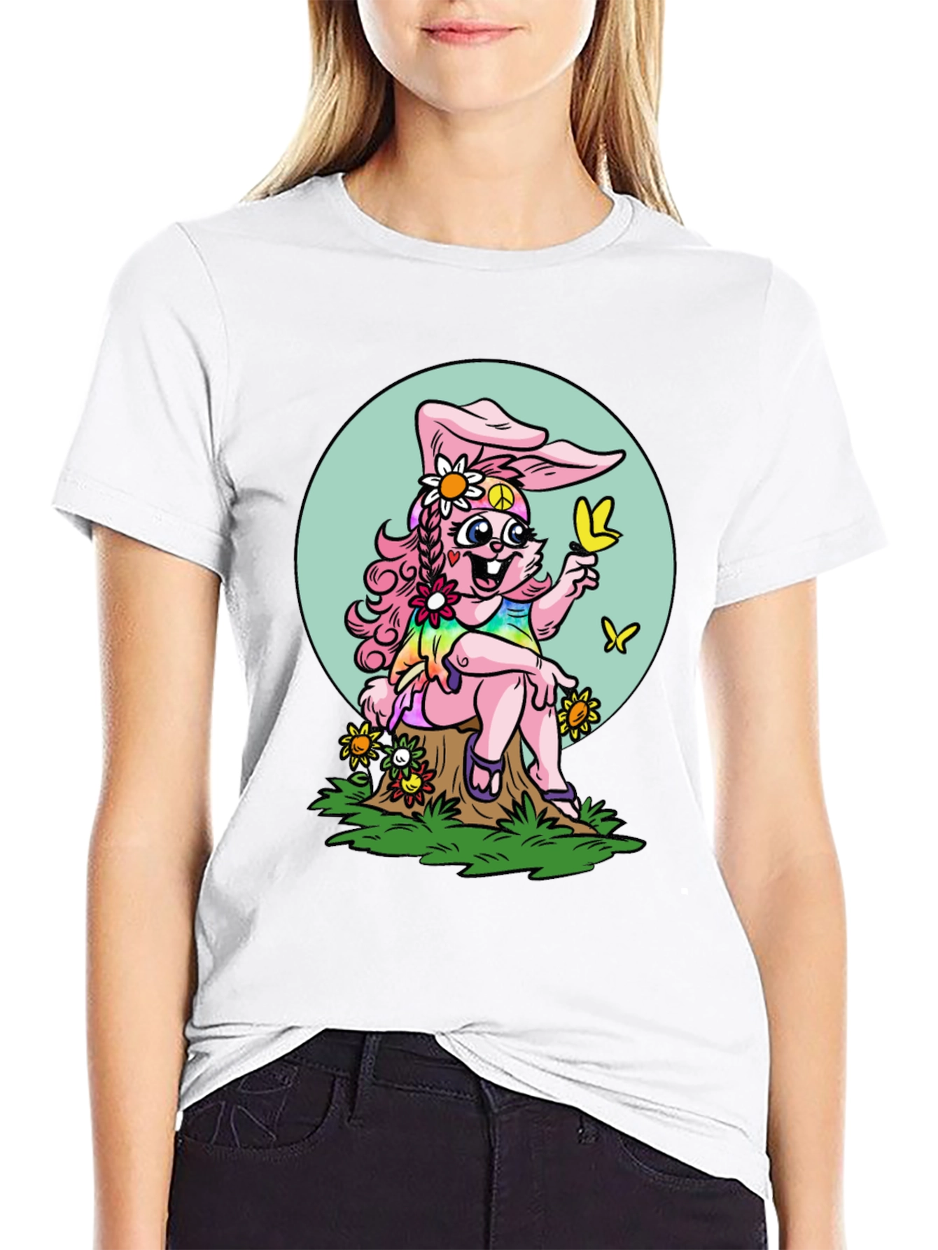 Hippie Bunny Graphic Tee - Peace Love & Butterflies