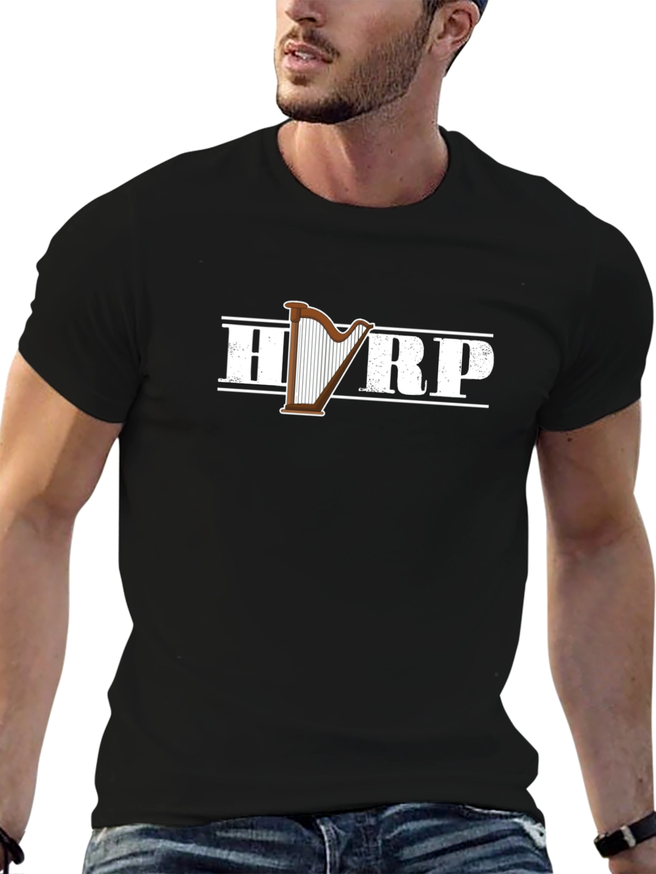 Harp Graphic Tee - Black Cotton Musician T-Shirt
