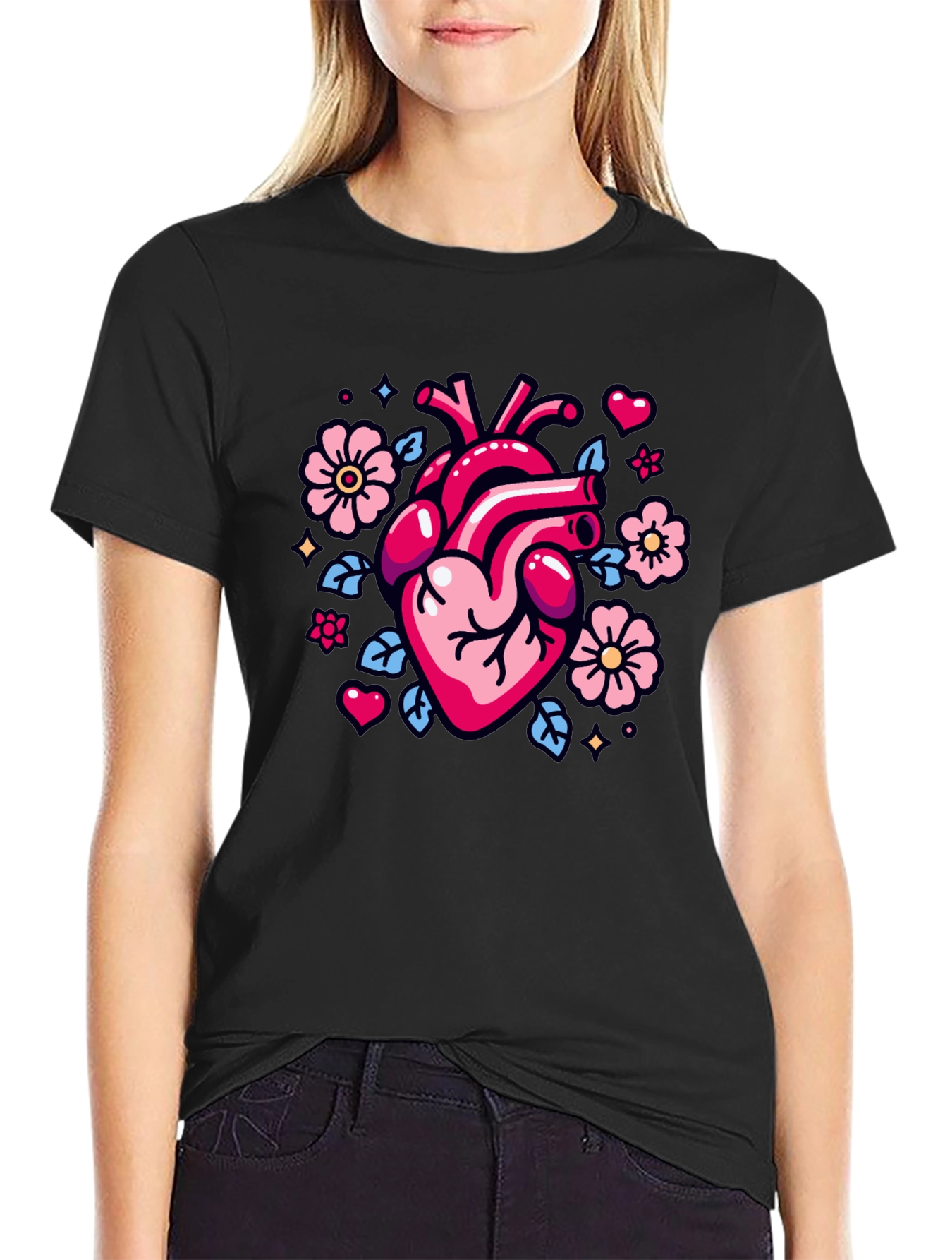 Anatomical Heart & Flowers Graphic Tee