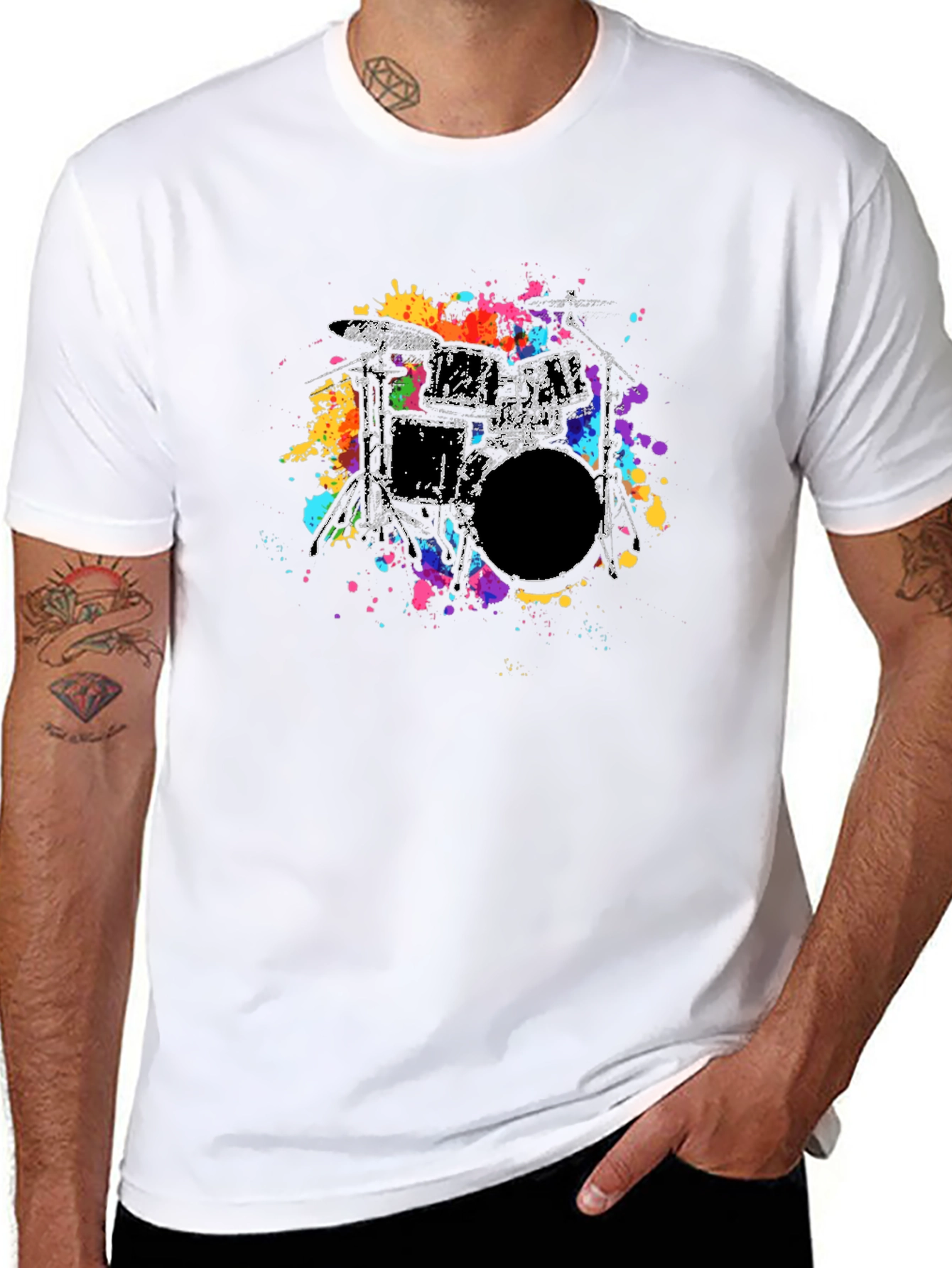 Abstract Drum Kit Graphic Tee - Black Cotton T-Shirt
