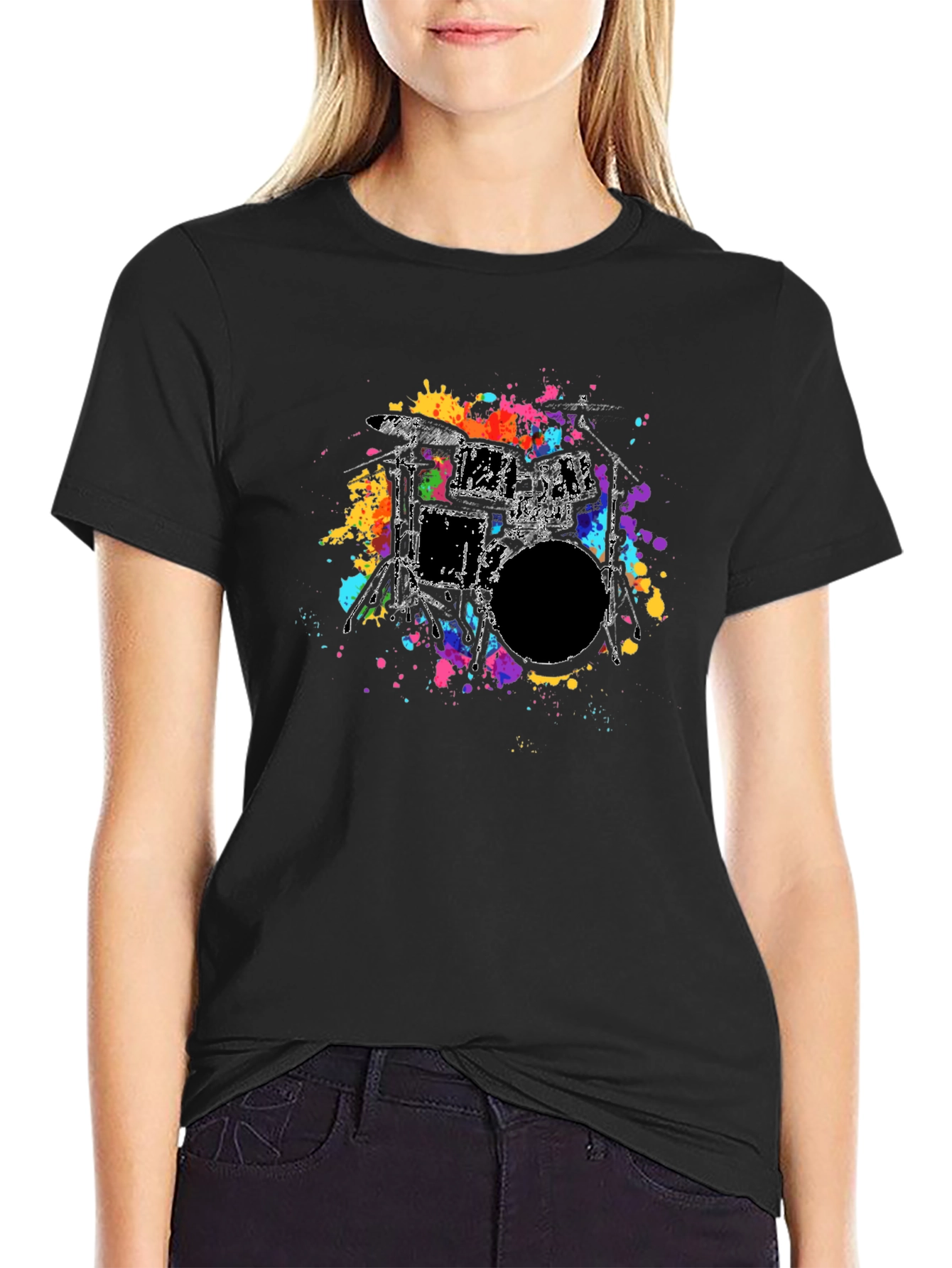 Abstract Drum Kit Graphic Tee - Black Cotton T-Shirt