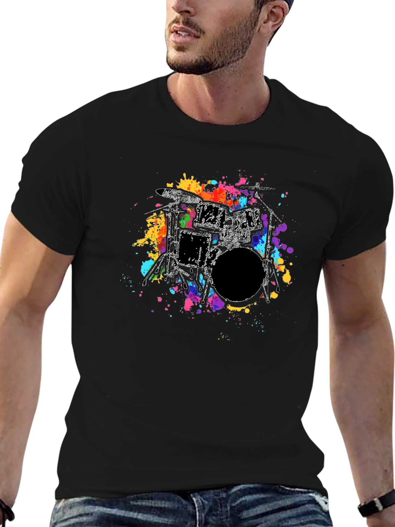 Abstract Drum Kit Graphic Tee - Black Cotton T-Shirt