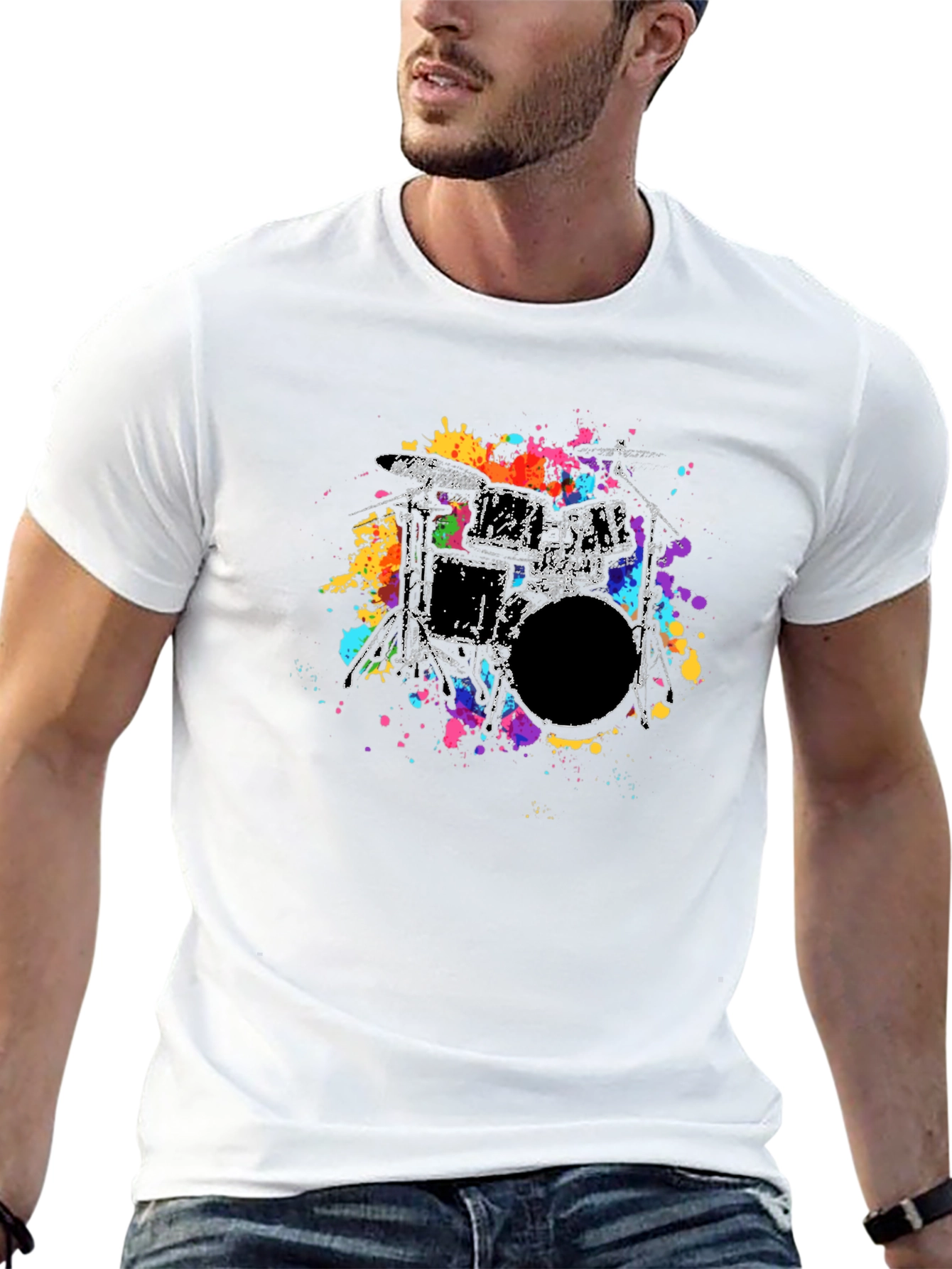 Abstract Drum Kit Graphic Tee - Black Cotton T-Shirt