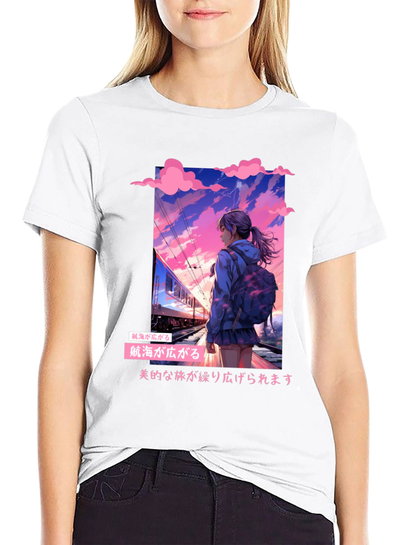 Anime Girl at Train Station Graphic Tee