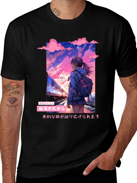 Anime Girl at Train Station Graphic Tee
