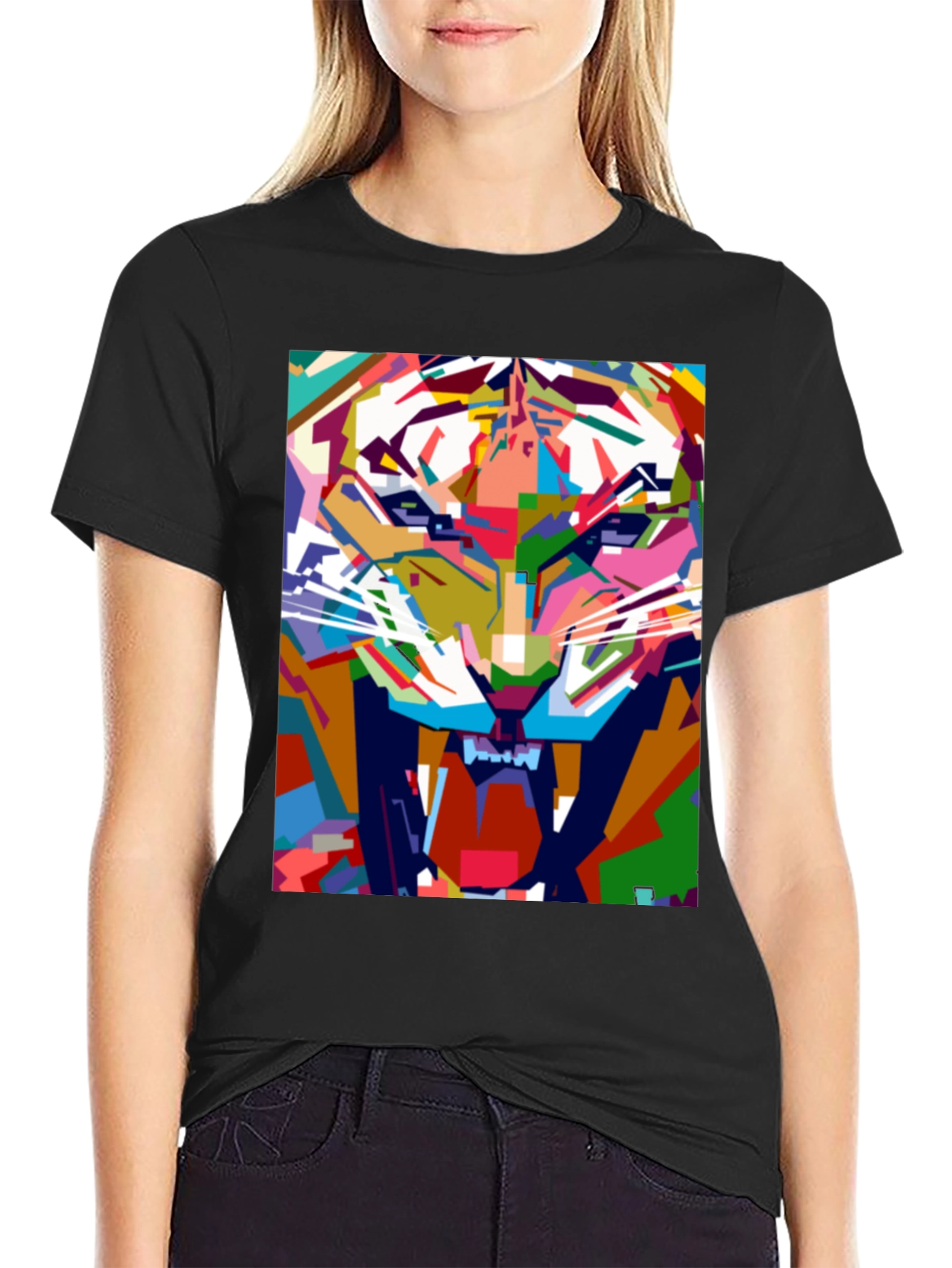 Abstract Tiger Graphic Print Black T-Shirt