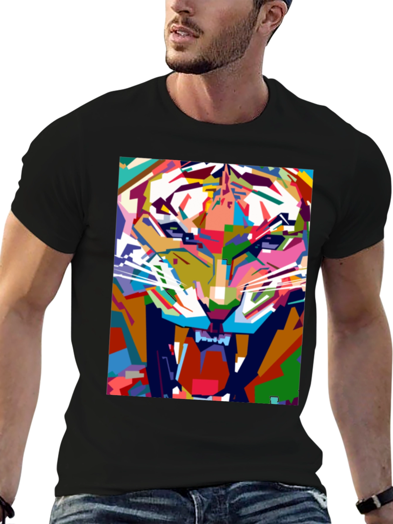 Abstract Tiger Graphic Print Black T-Shirt