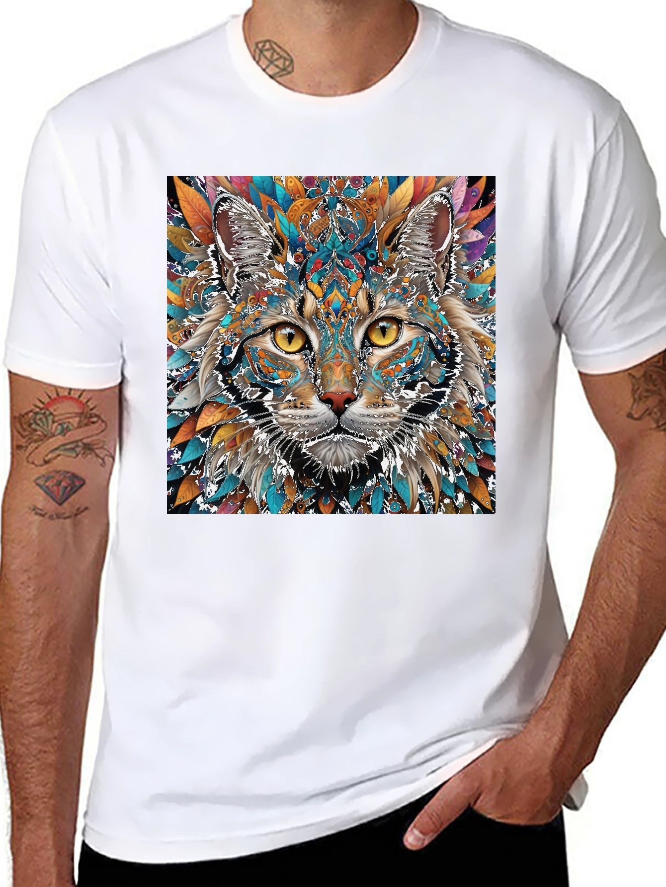 Abstract Cat Graphic Print Crew Neck T-Shirt