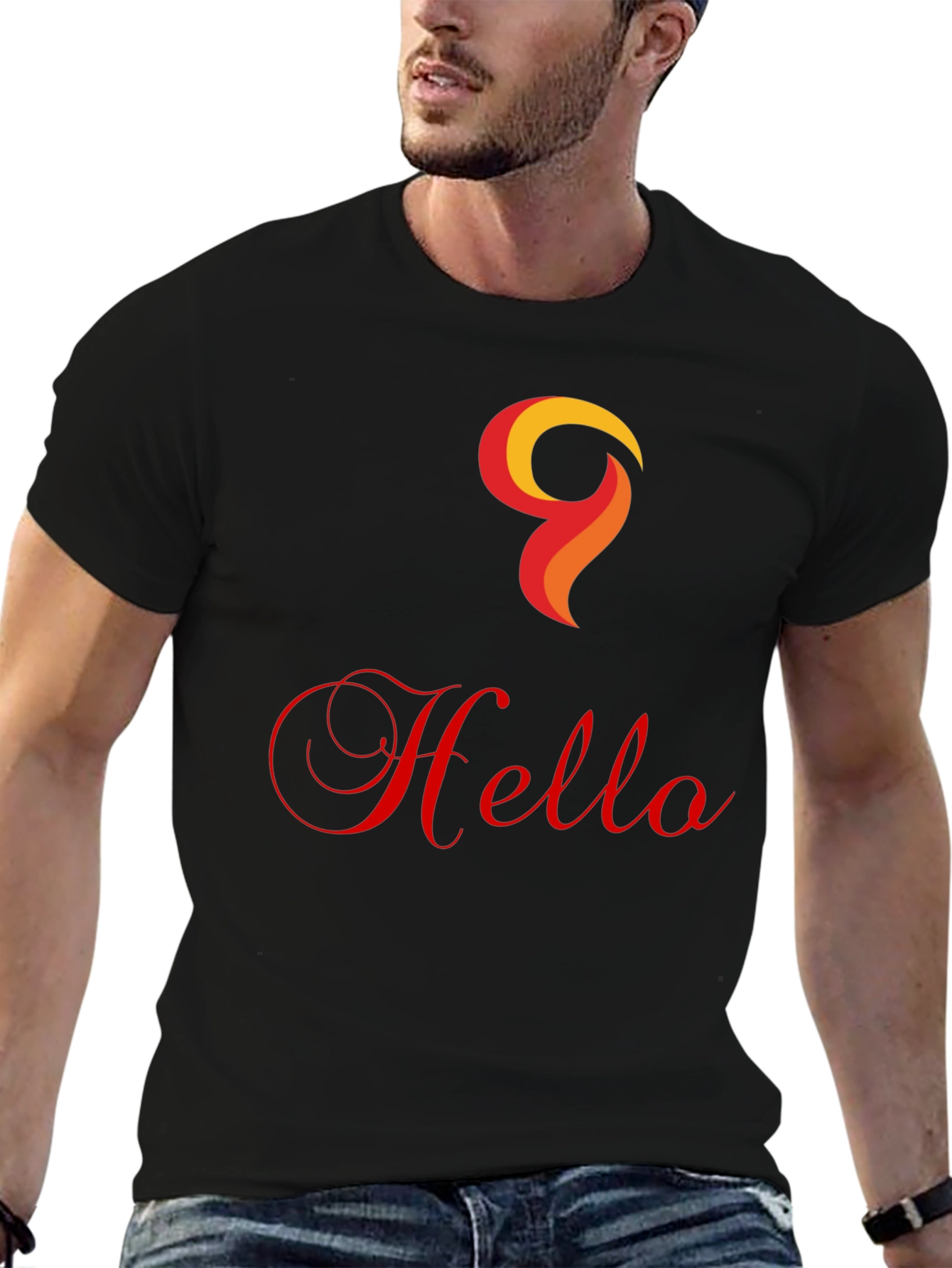 Hello Design Black Cotton T-Shirt