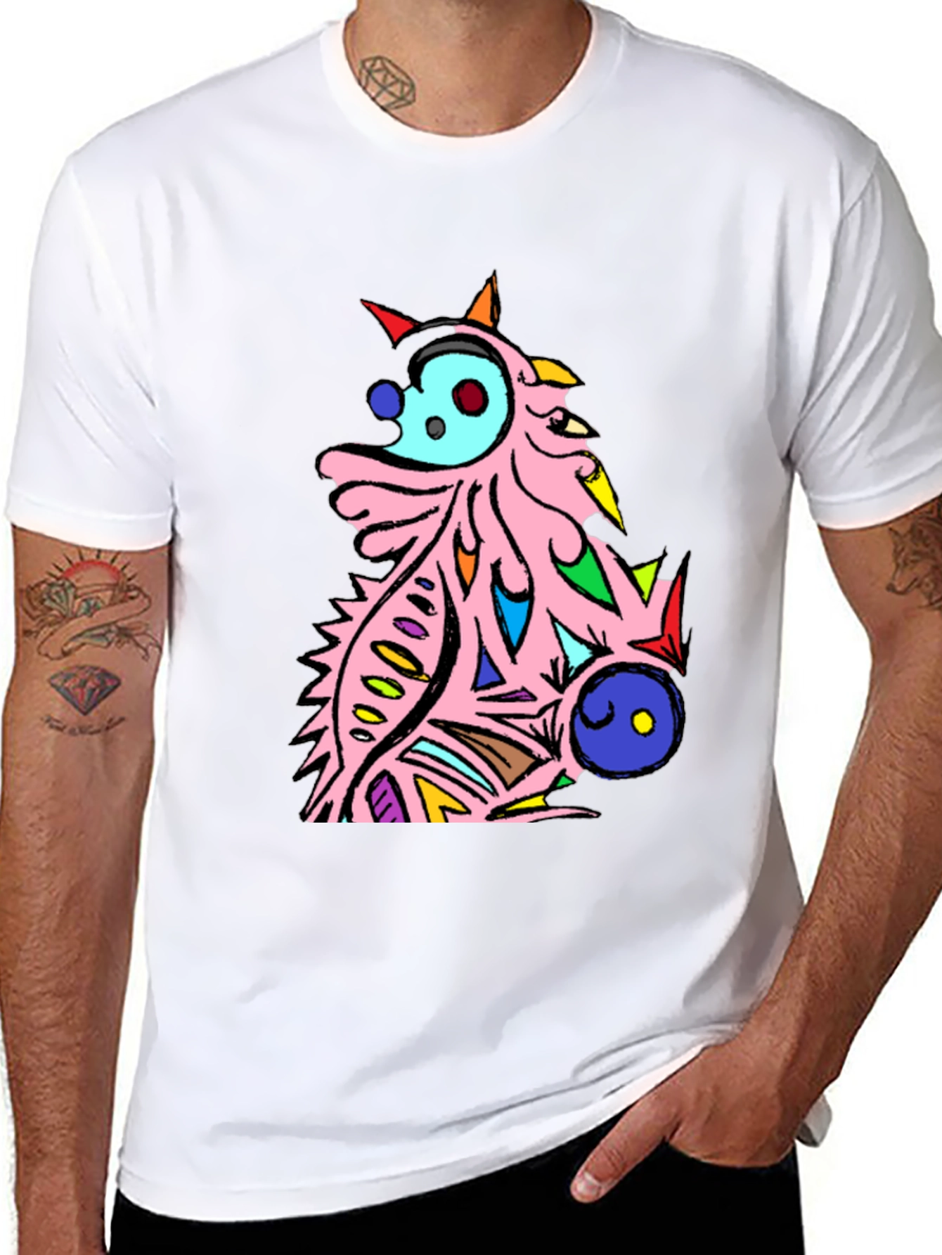 Abstract Cartoon Creature Graphic Tee - Black