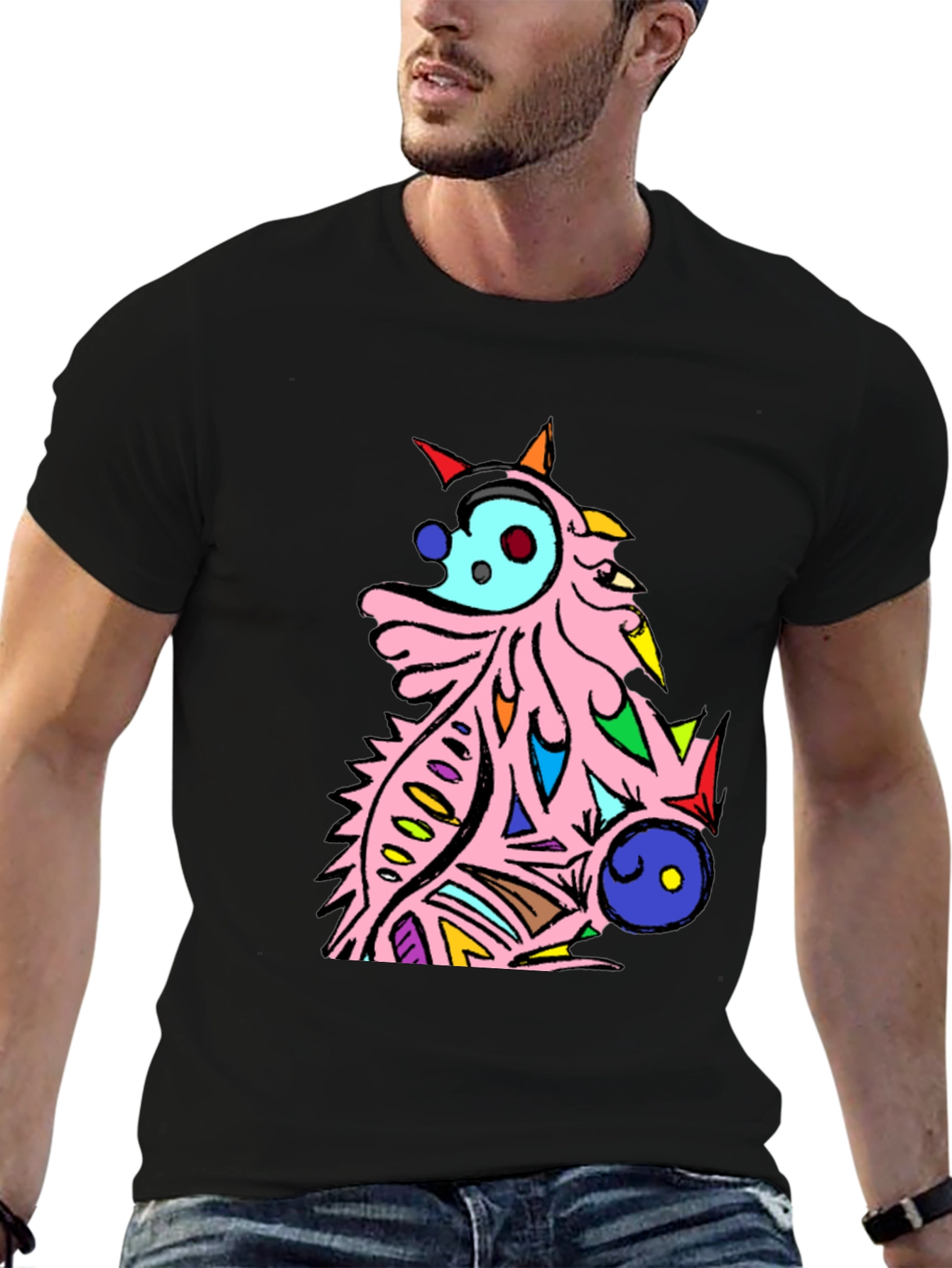 Abstract Cartoon Creature Graphic Tee - Black