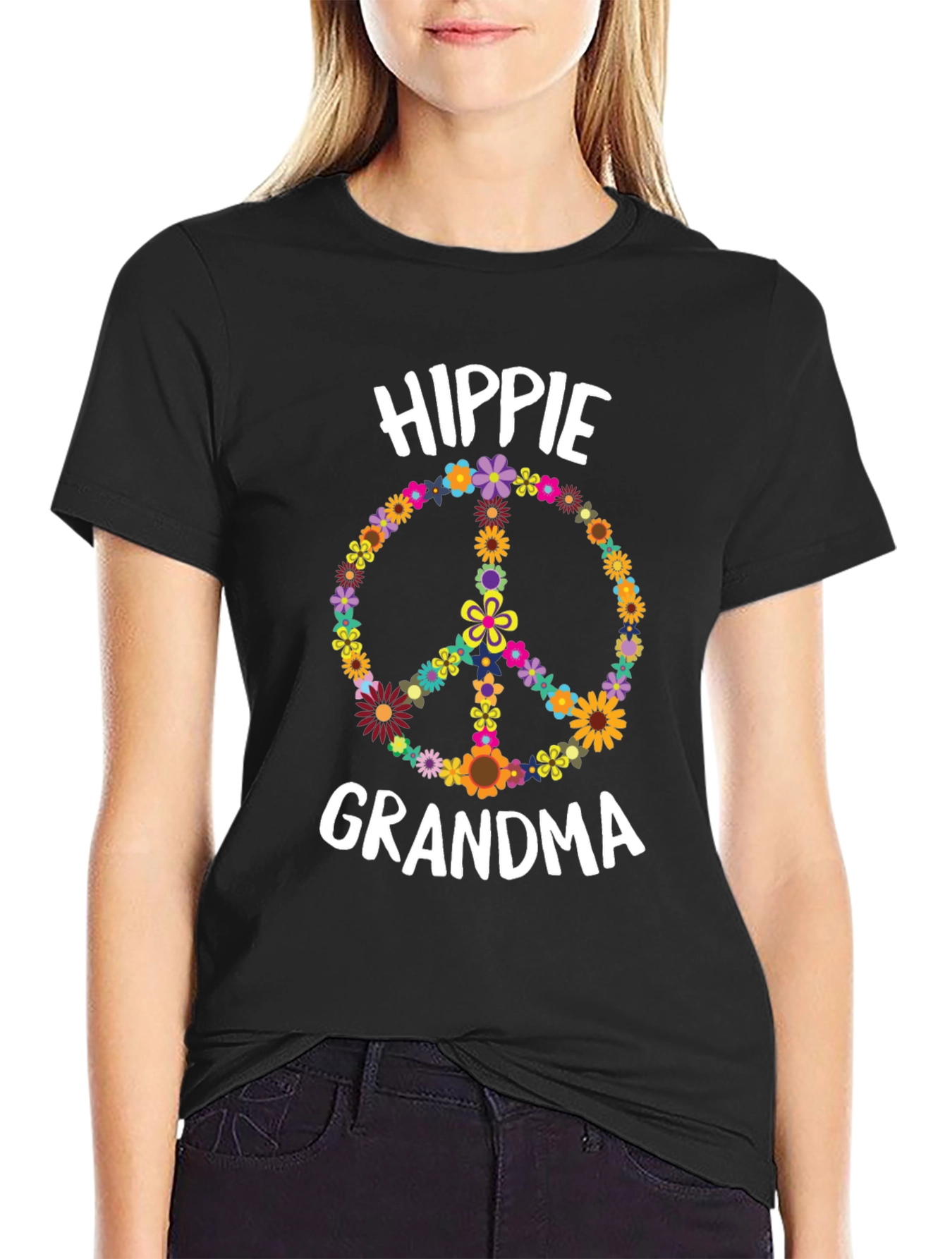Hippie Grandma Flower Peace Sign T-Shirt
