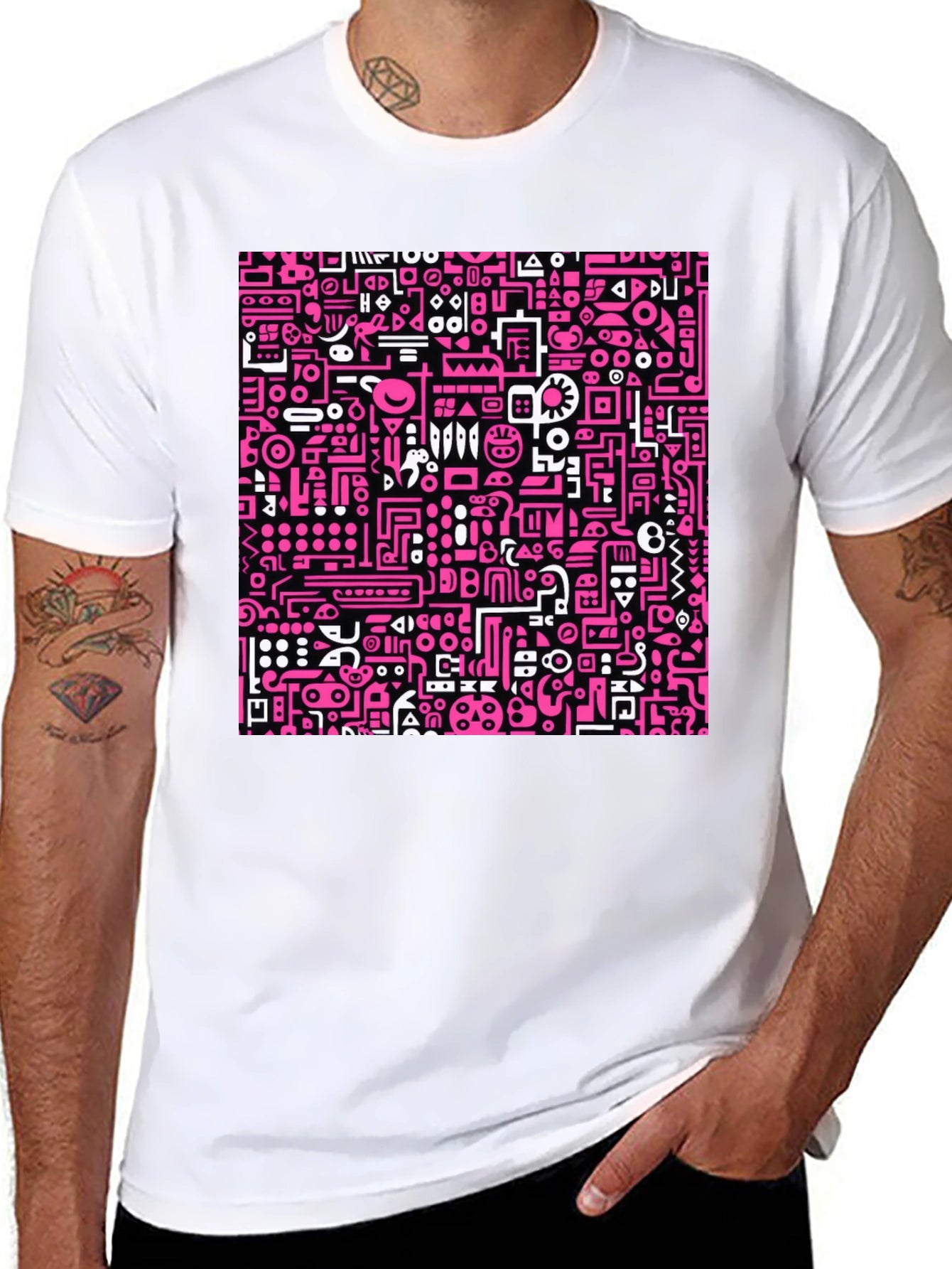 Abstract Pink & White Graphic Black T-Shirt