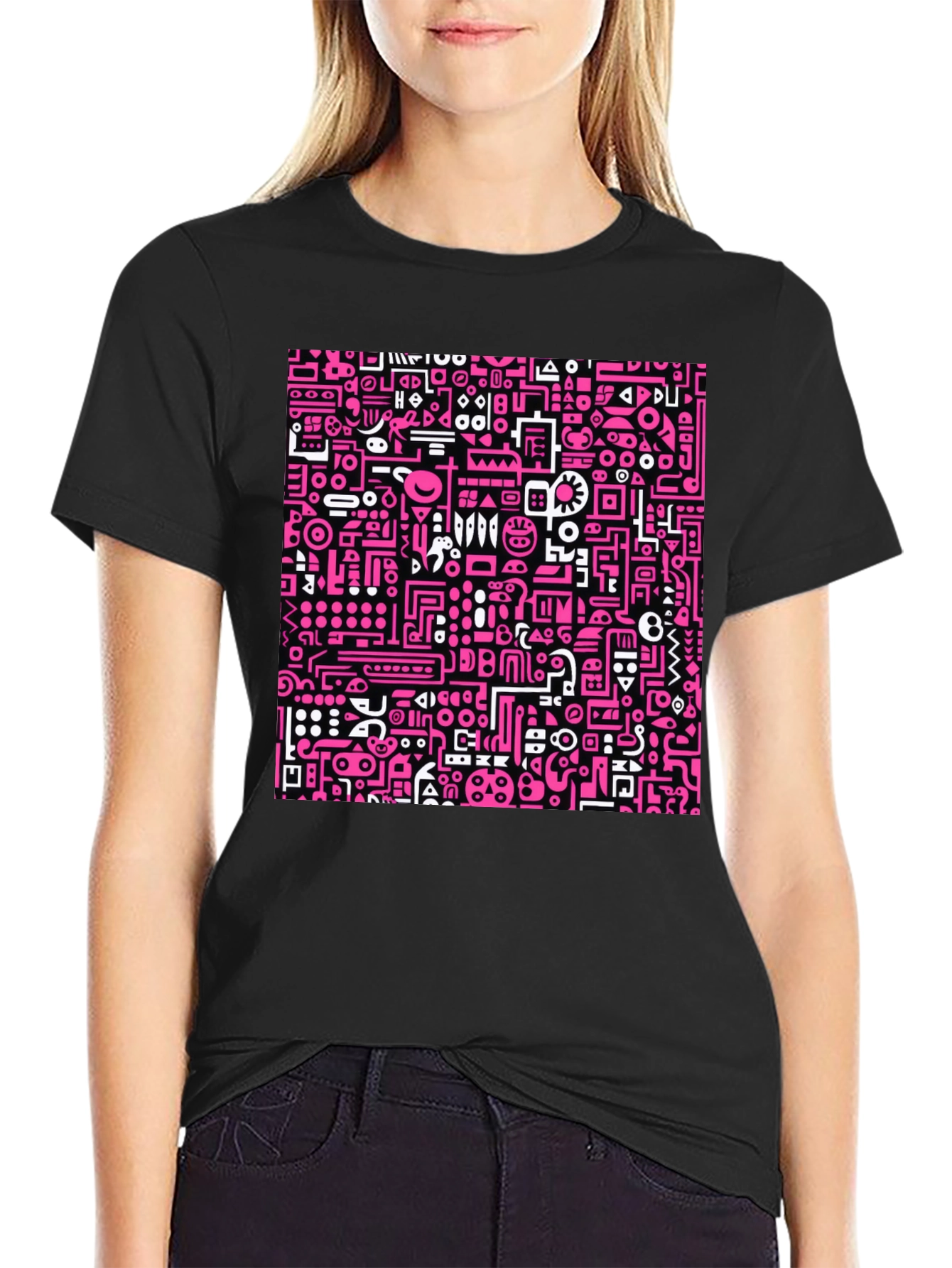 Abstract Pink & White Graphic Black T-Shirt