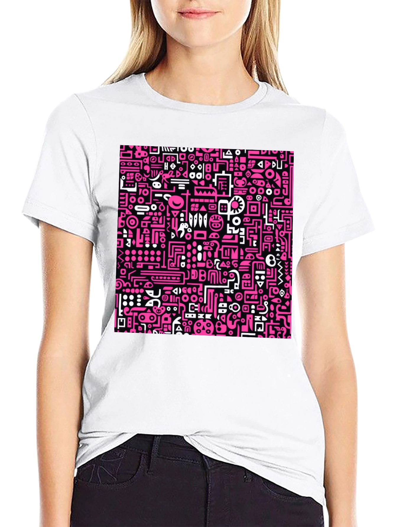 Abstract Pink & White Graphic Black T-Shirt