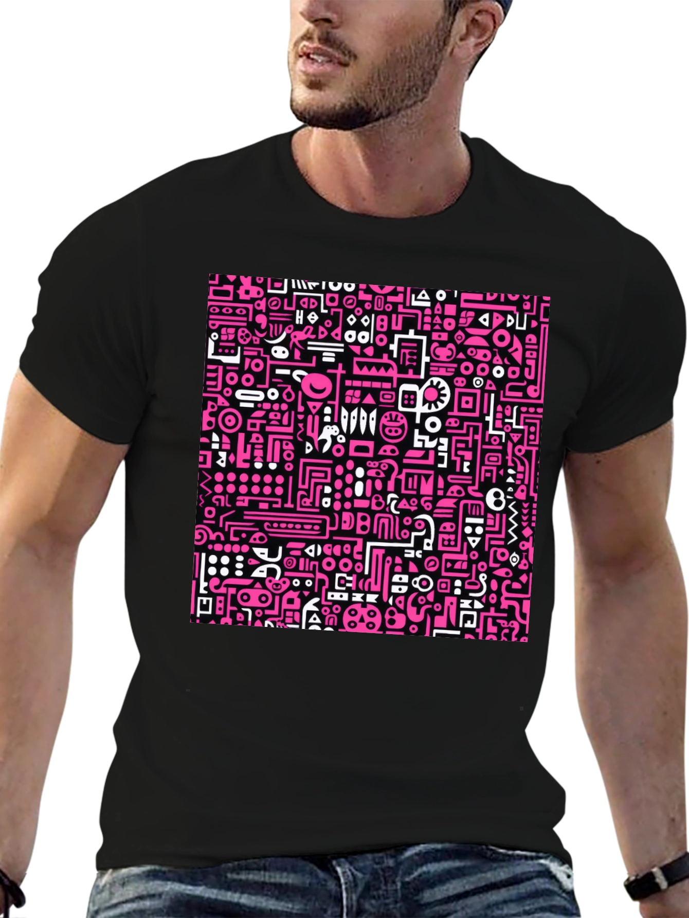 Abstract Pink & White Graphic Black T-Shirt