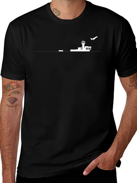 Airport Silhouette Graphic Tee - Black Cotton Casual Shirt