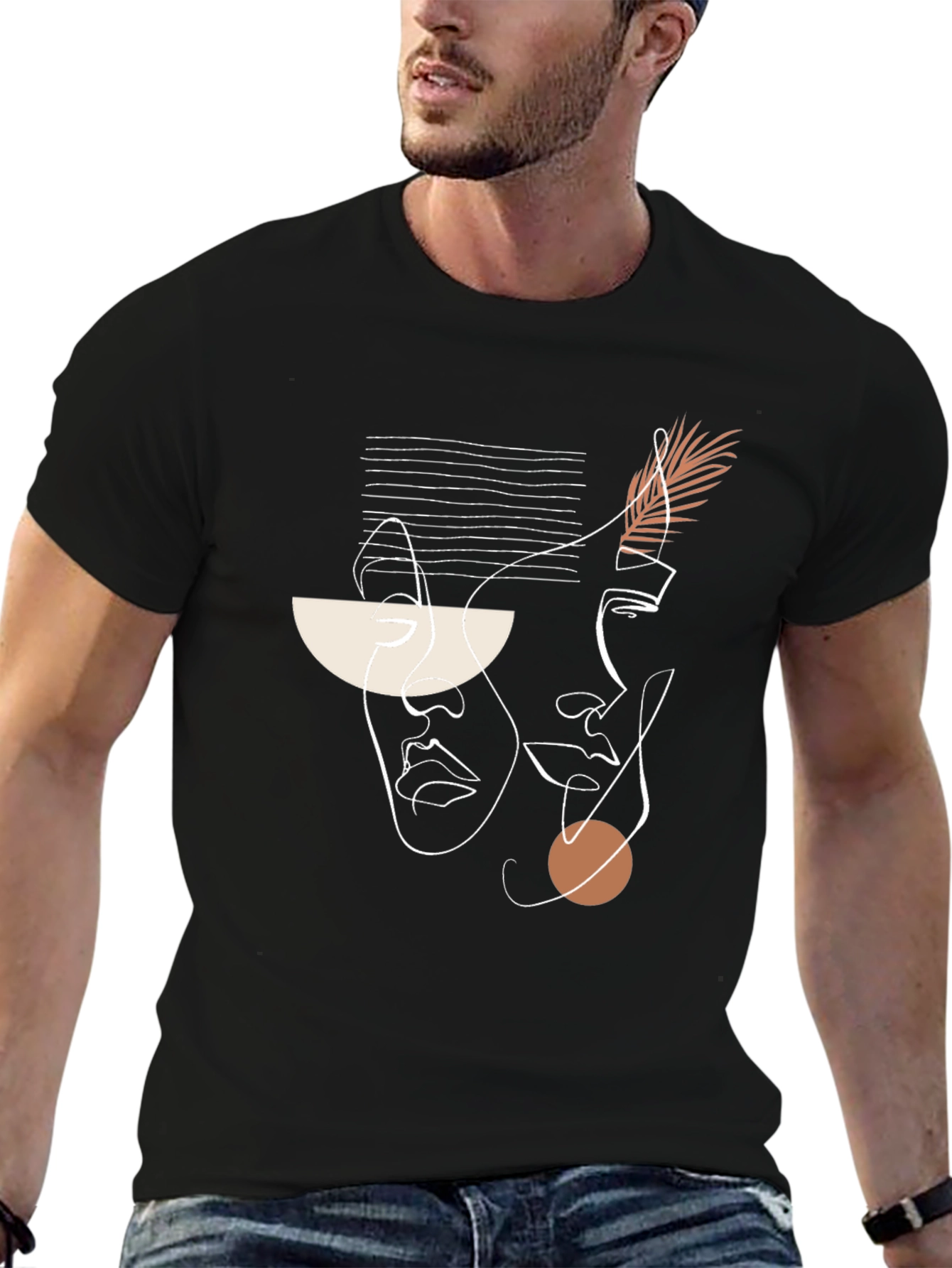 Abstract Face Line Art Black T-Shirt