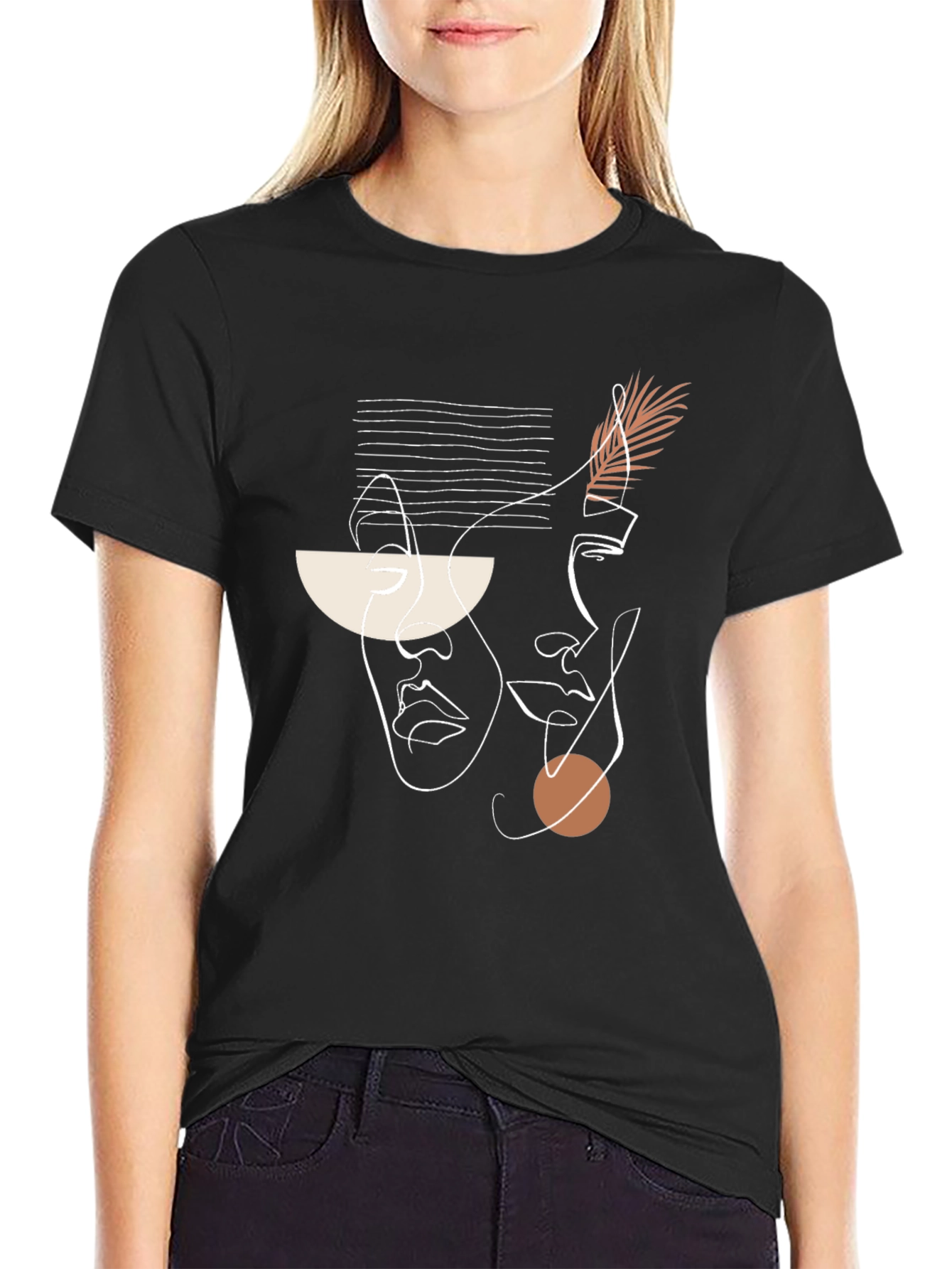 Abstract Face Line Art Black T-Shirt