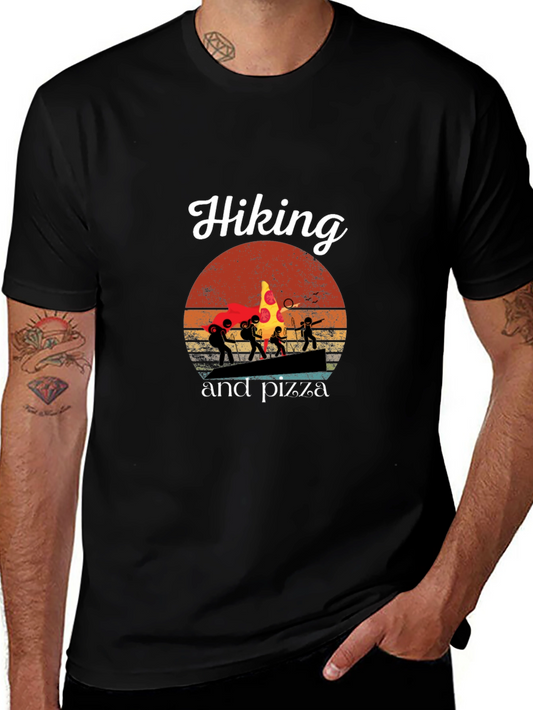 Hiking and Pizza Graphic Tee - Black Cotton Blend T-Shirt