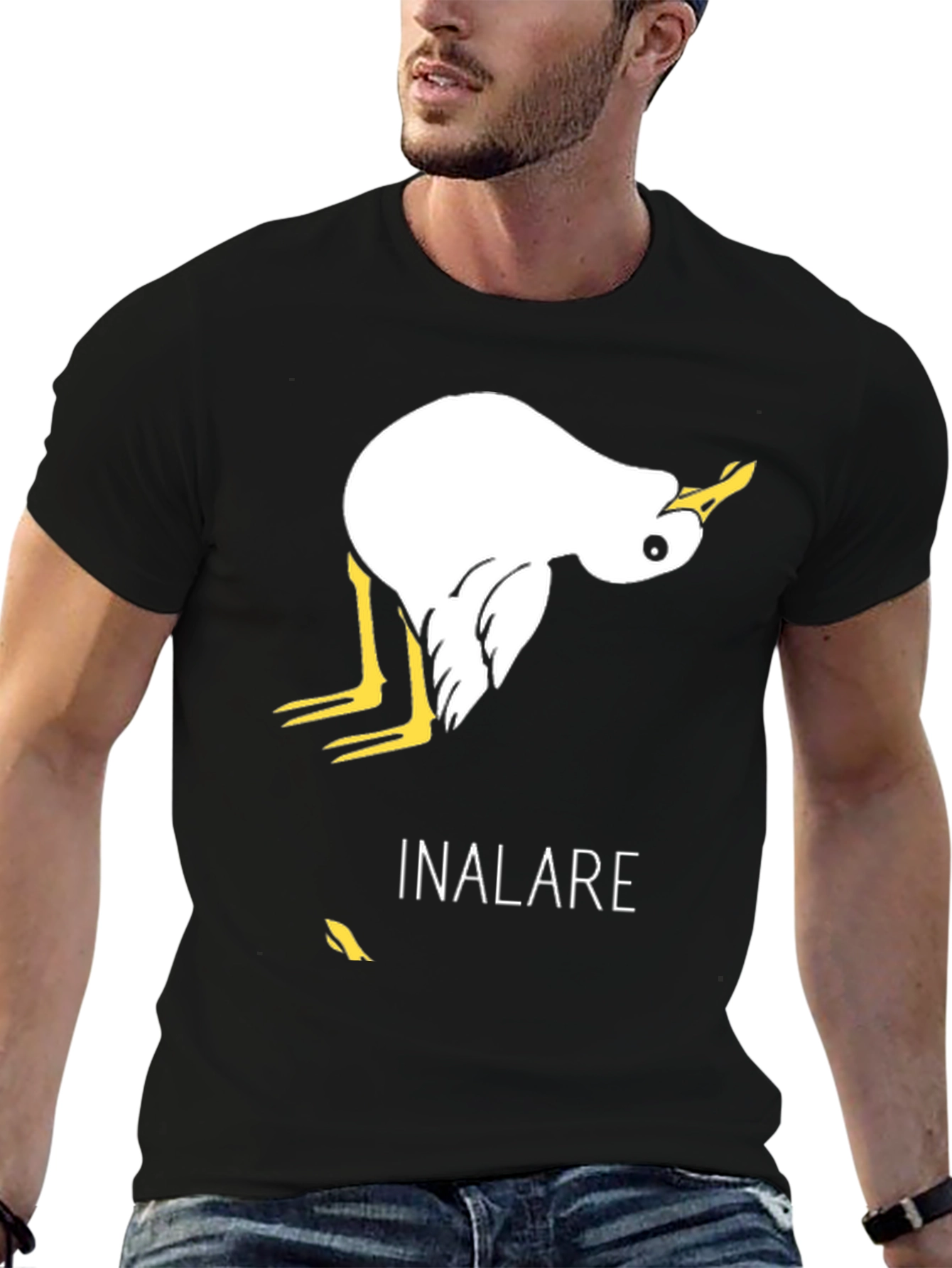 Humorous Inalare Upside Down Bird Graphic T-Shirt