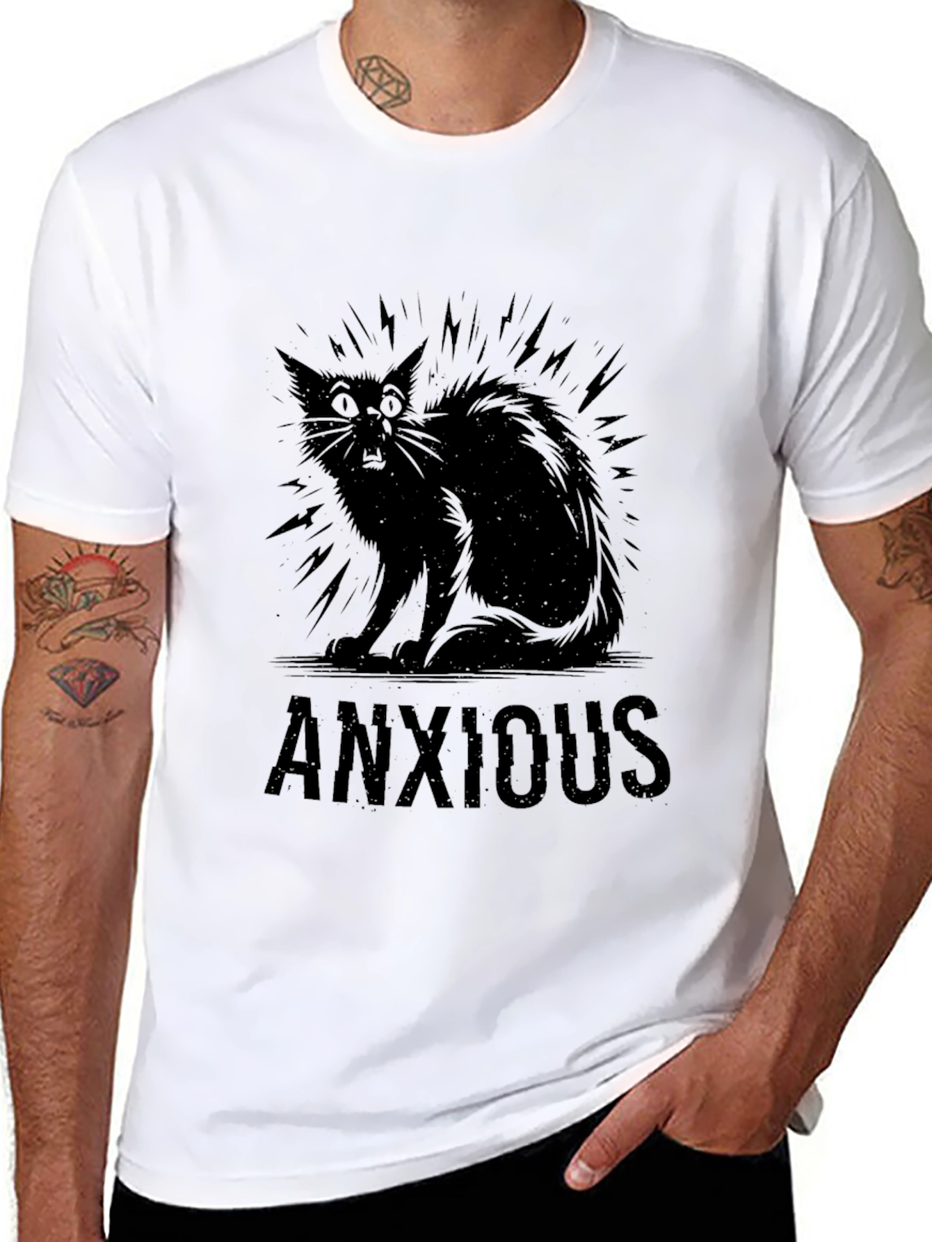 Anxious Cat Black Graphic T-Shirt