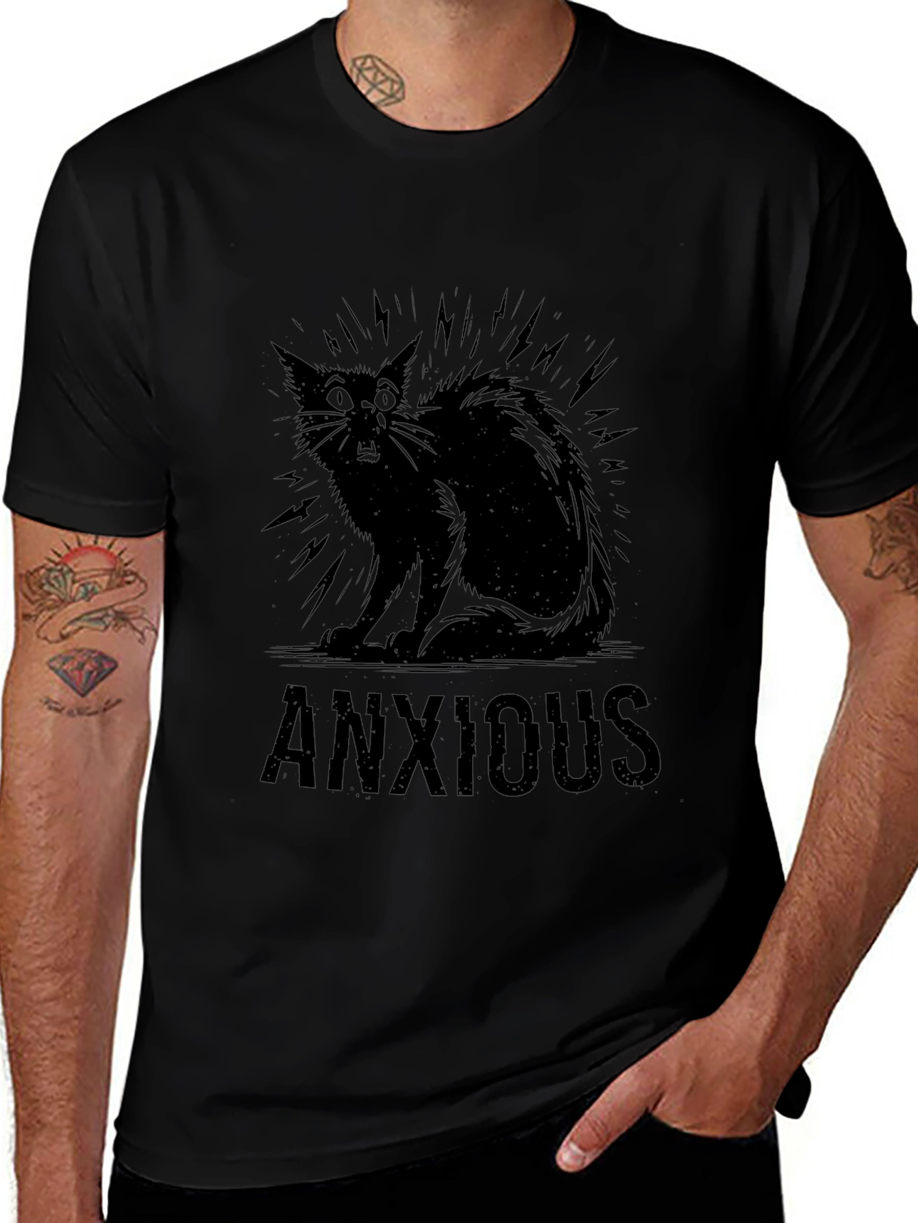 Anxious Cat Black Graphic T-Shirt