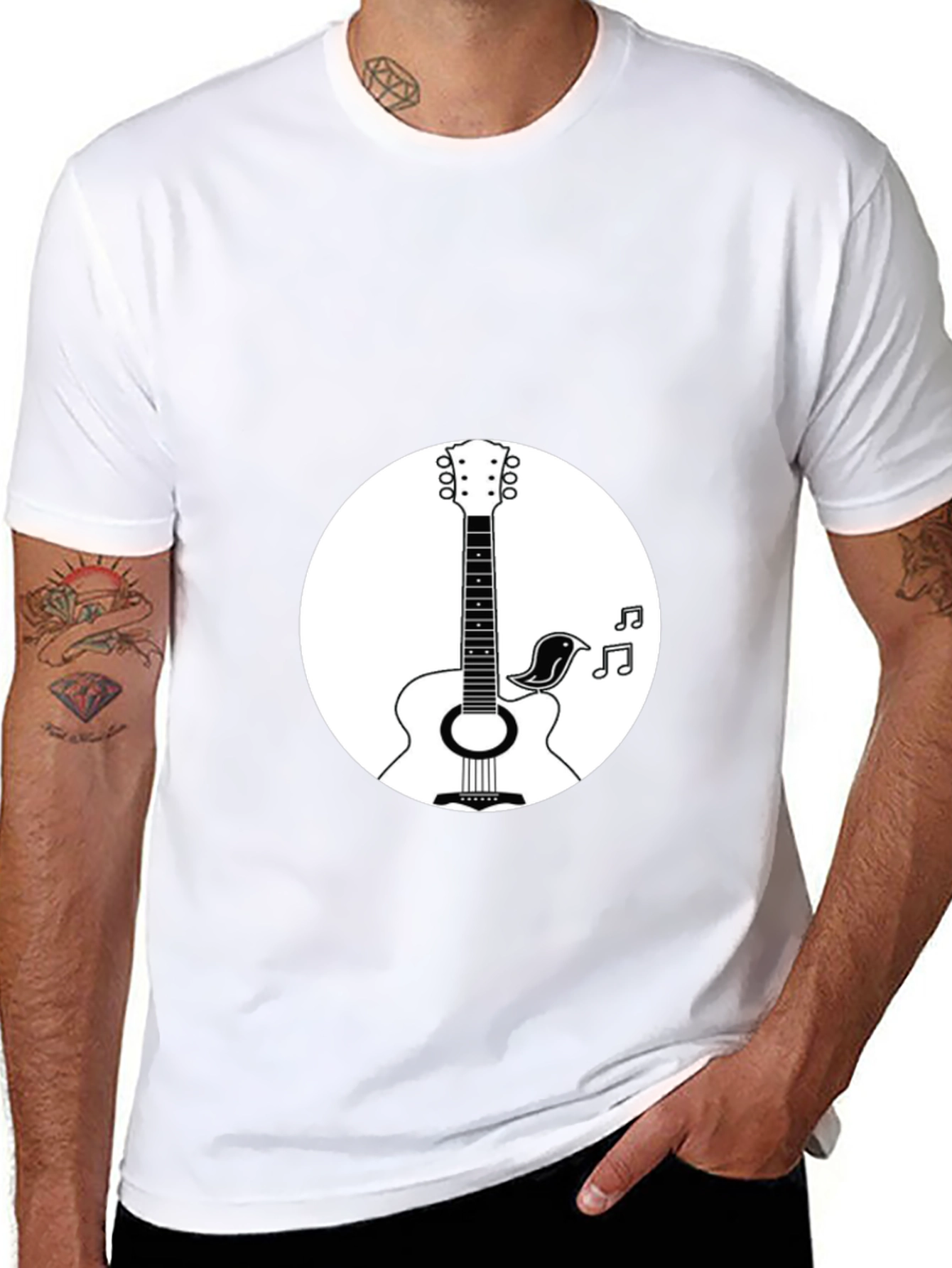 Acoustic Guitar & Bird Graphic T-Shirt