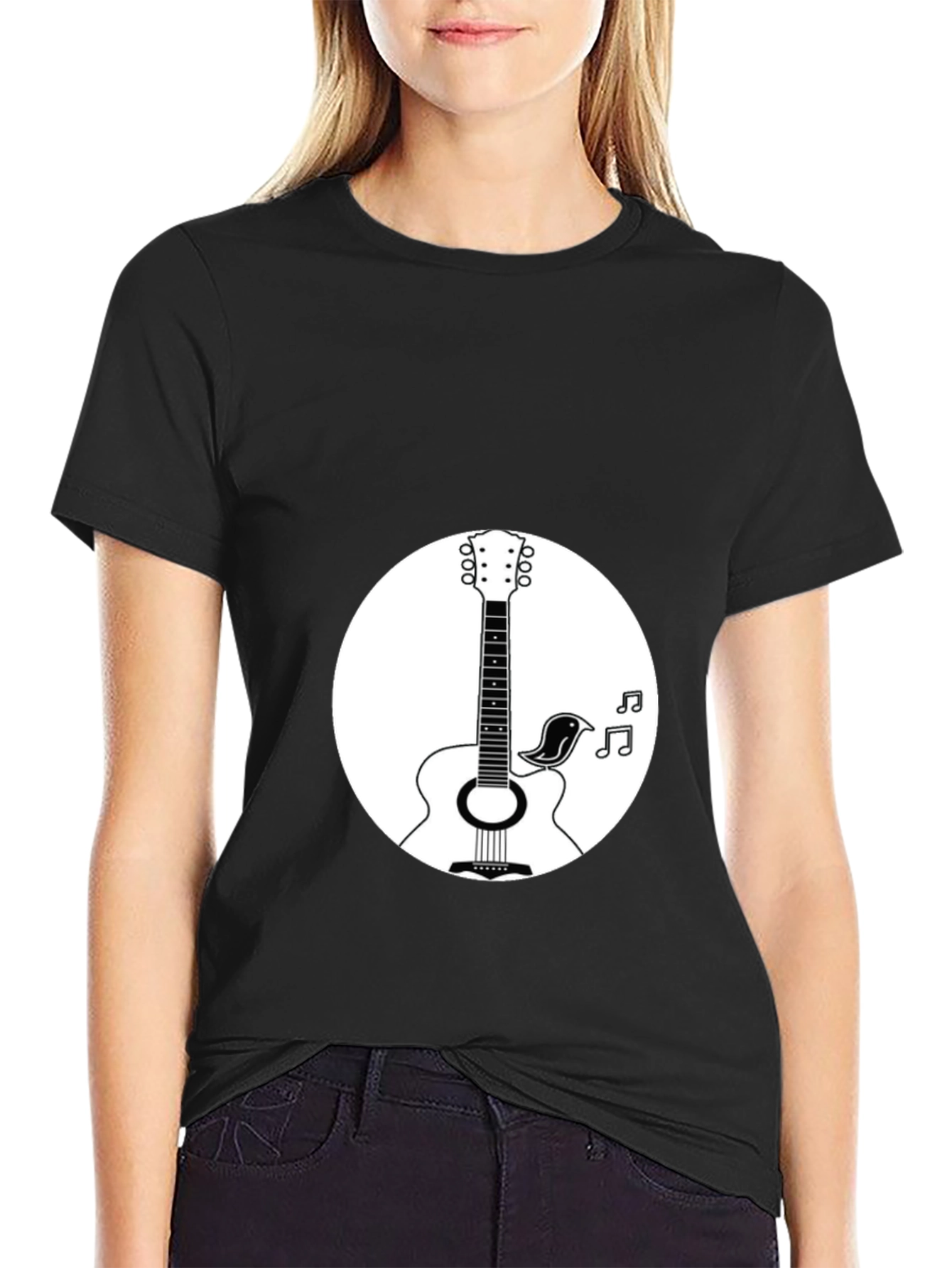 Acoustic Guitar & Bird Graphic T-Shirt