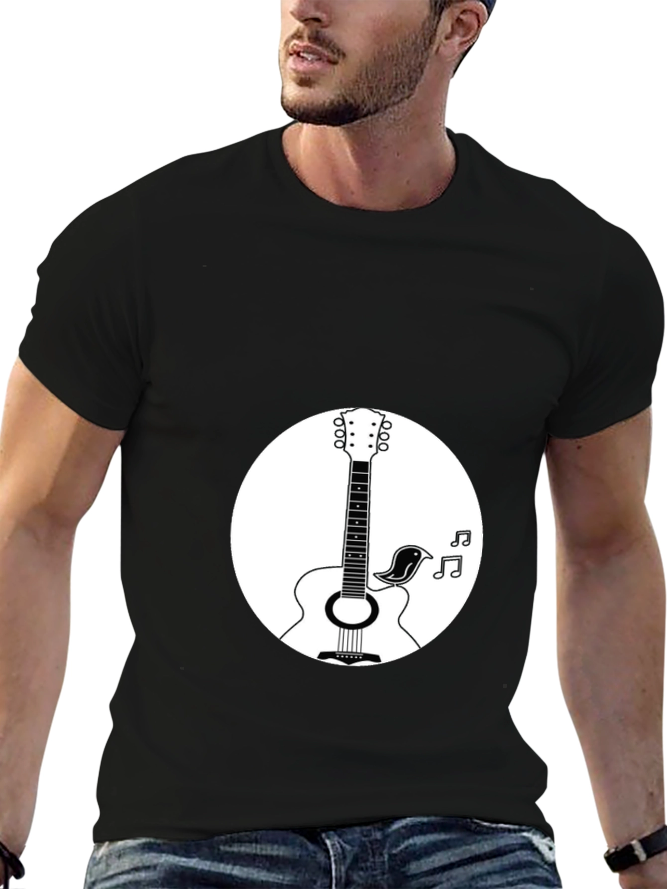 Acoustic Guitar & Bird Graphic T-Shirt
