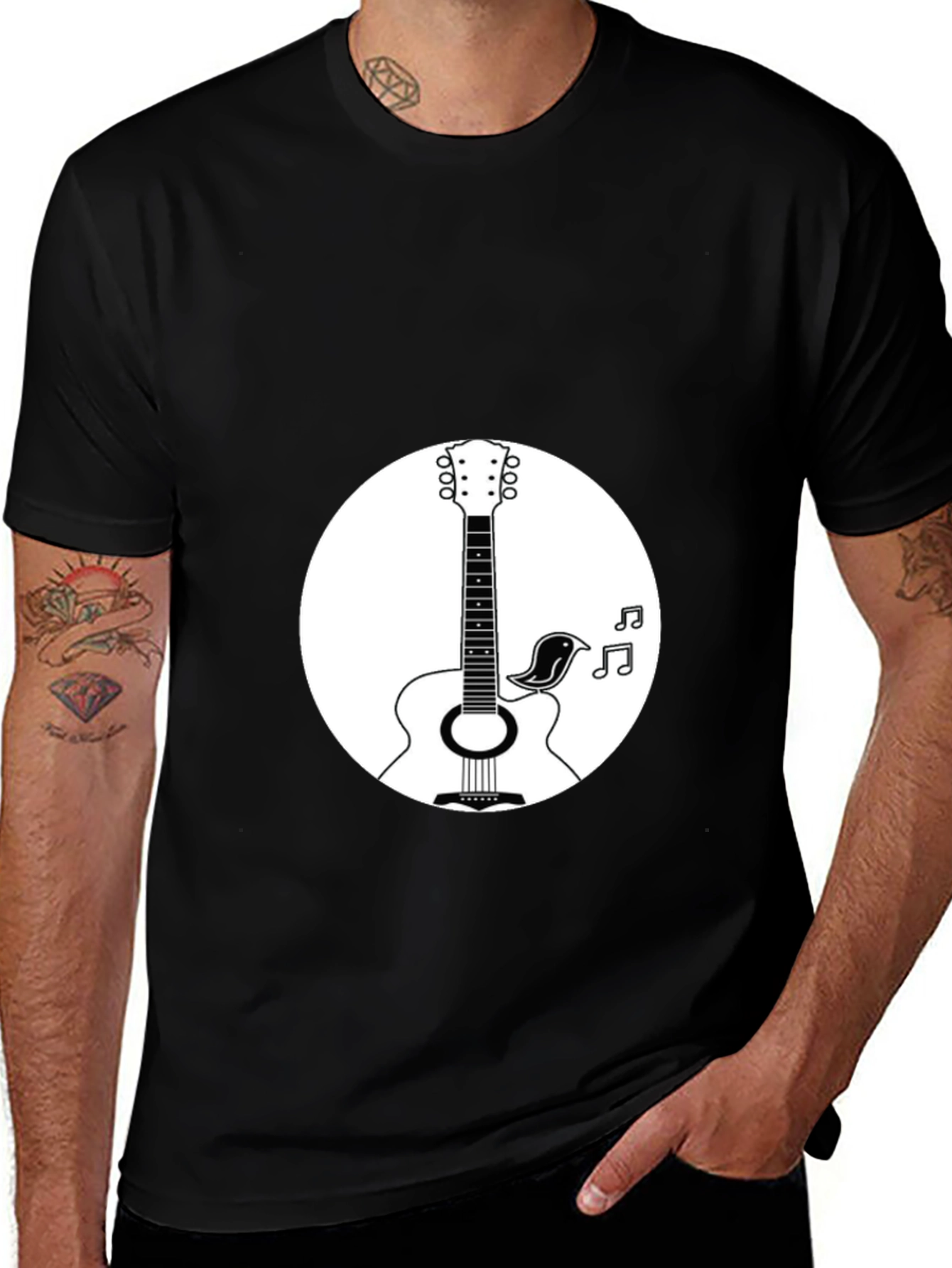 Acoustic Guitar & Bird Graphic T-Shirt